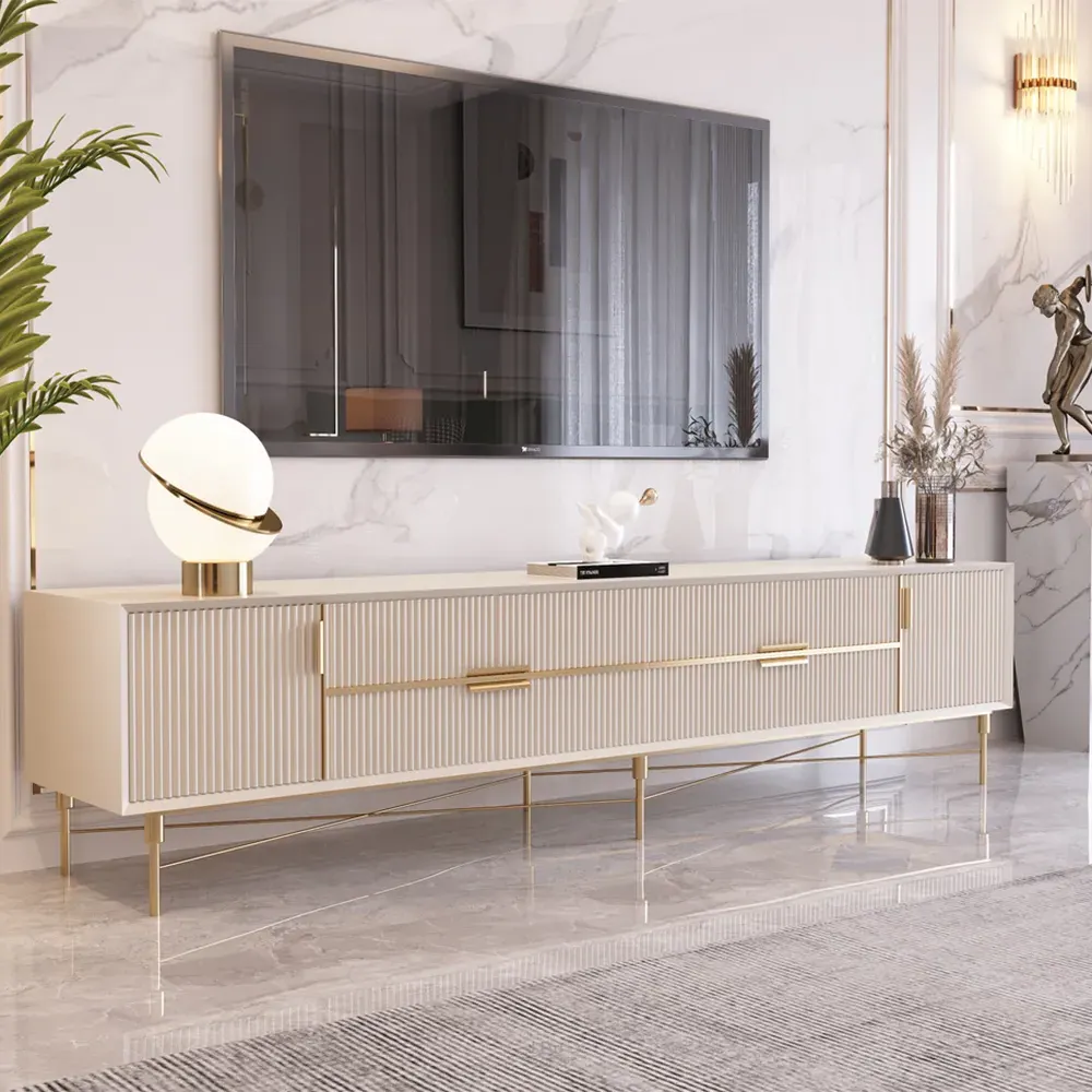 Rectangle TV Stand with 4 Drawers & Doors - Off White