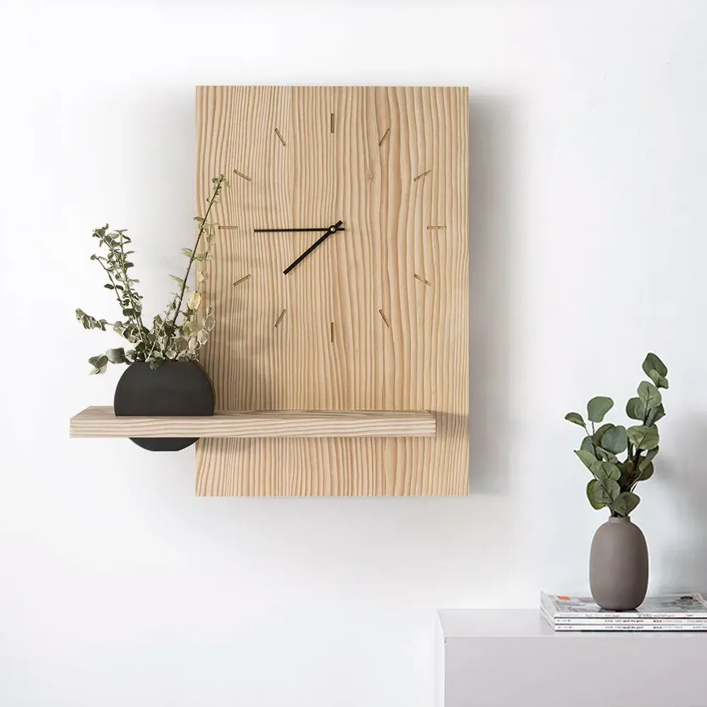 Rectangle Wall Clock with Shelf - Pine Wood image
