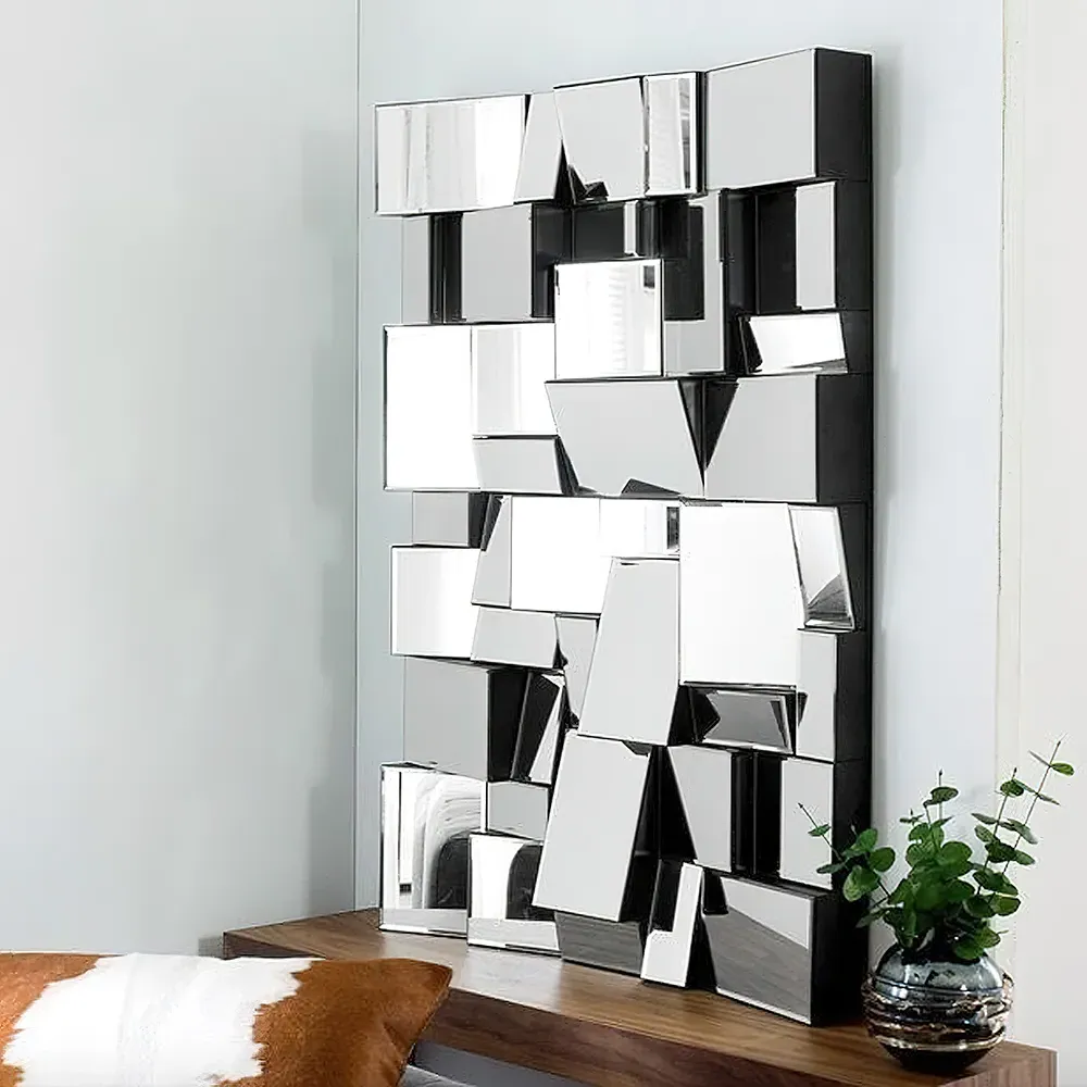 Rectangle Wall Mirror with Geometric Frame - Silver image