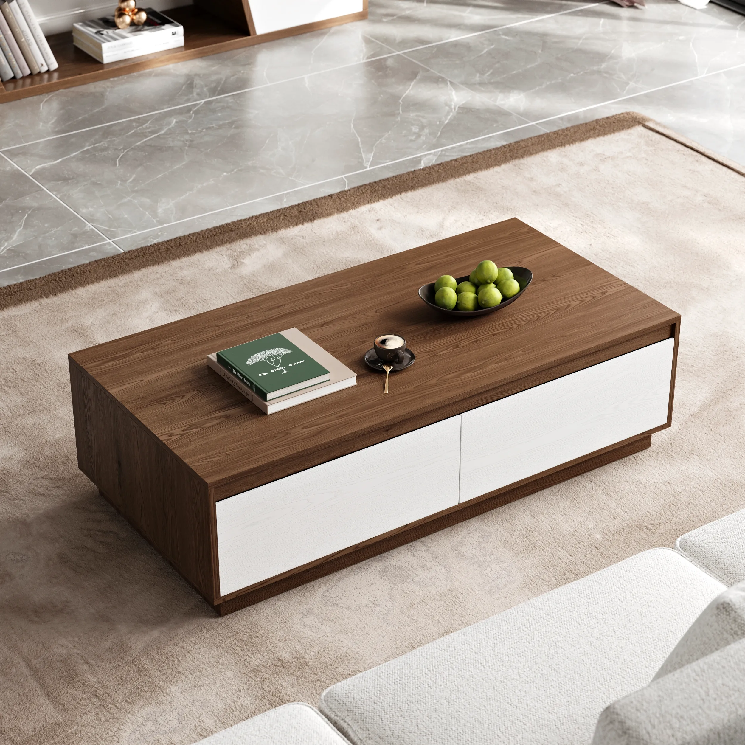 Rectangular Coffee Table with Storage - White & Walnut