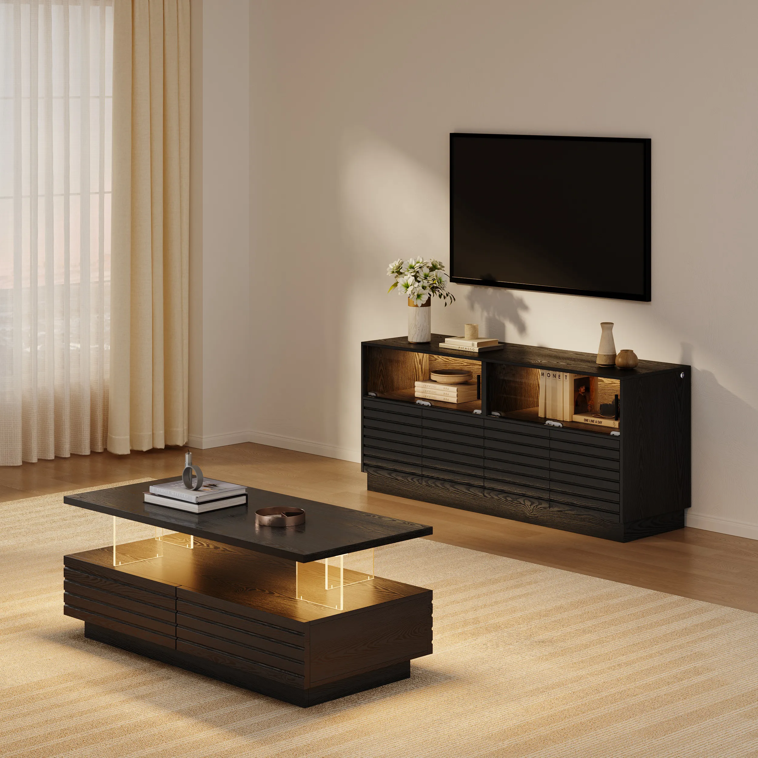 Rectangular TV Stand & Coffee Table Set with LED - Black image