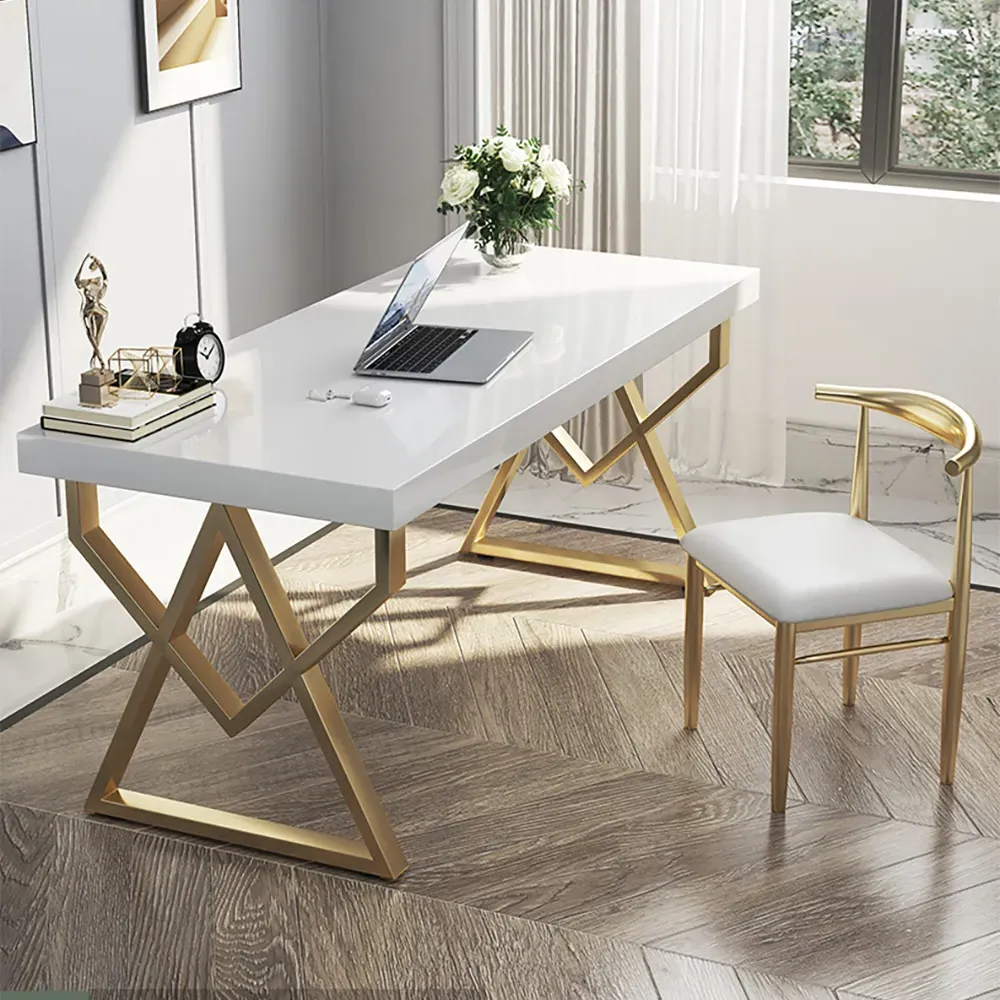 Rectangular Writing Desk with Gold Base - White image