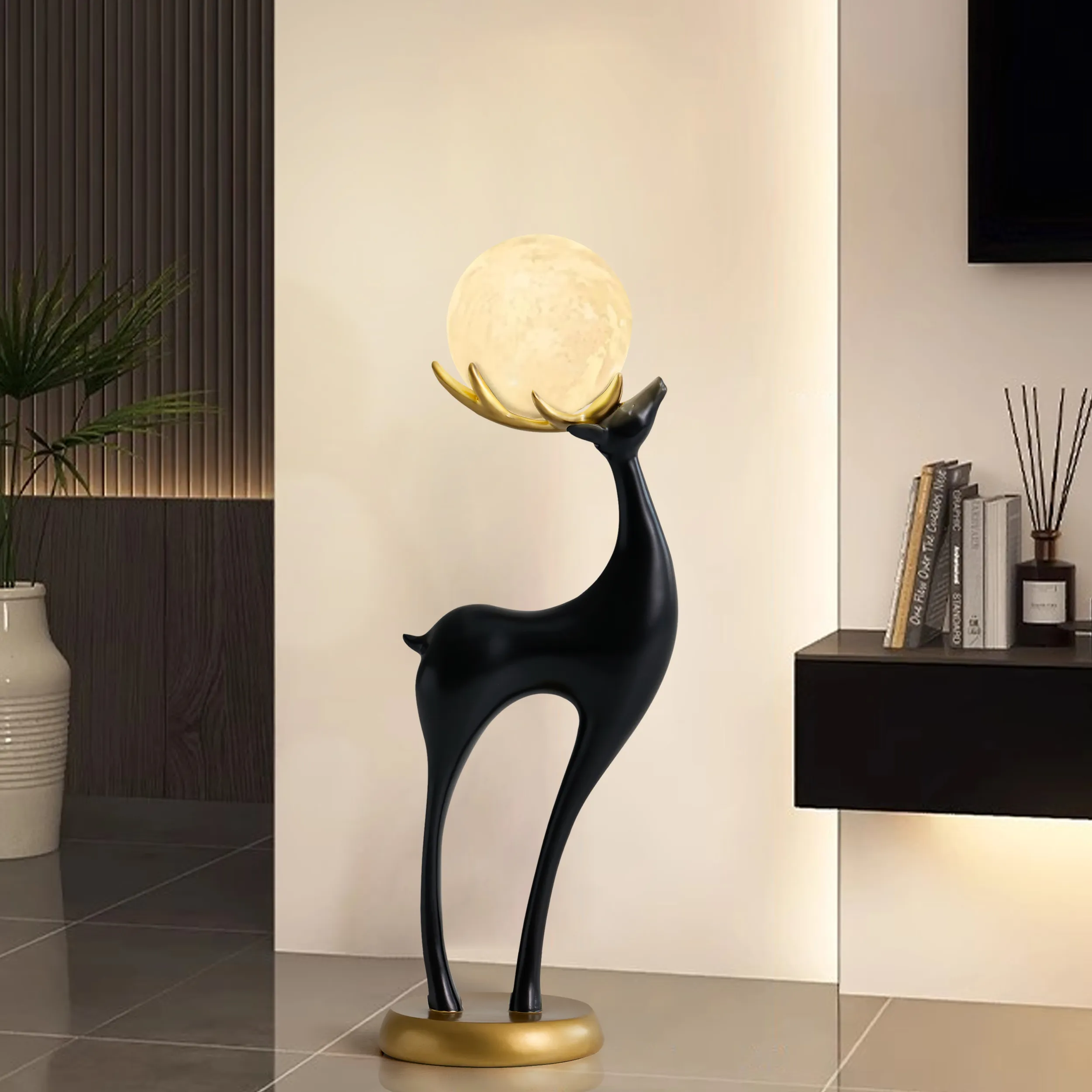 Resin Deer Floor Lamp with Remote Control - Black, Gold image