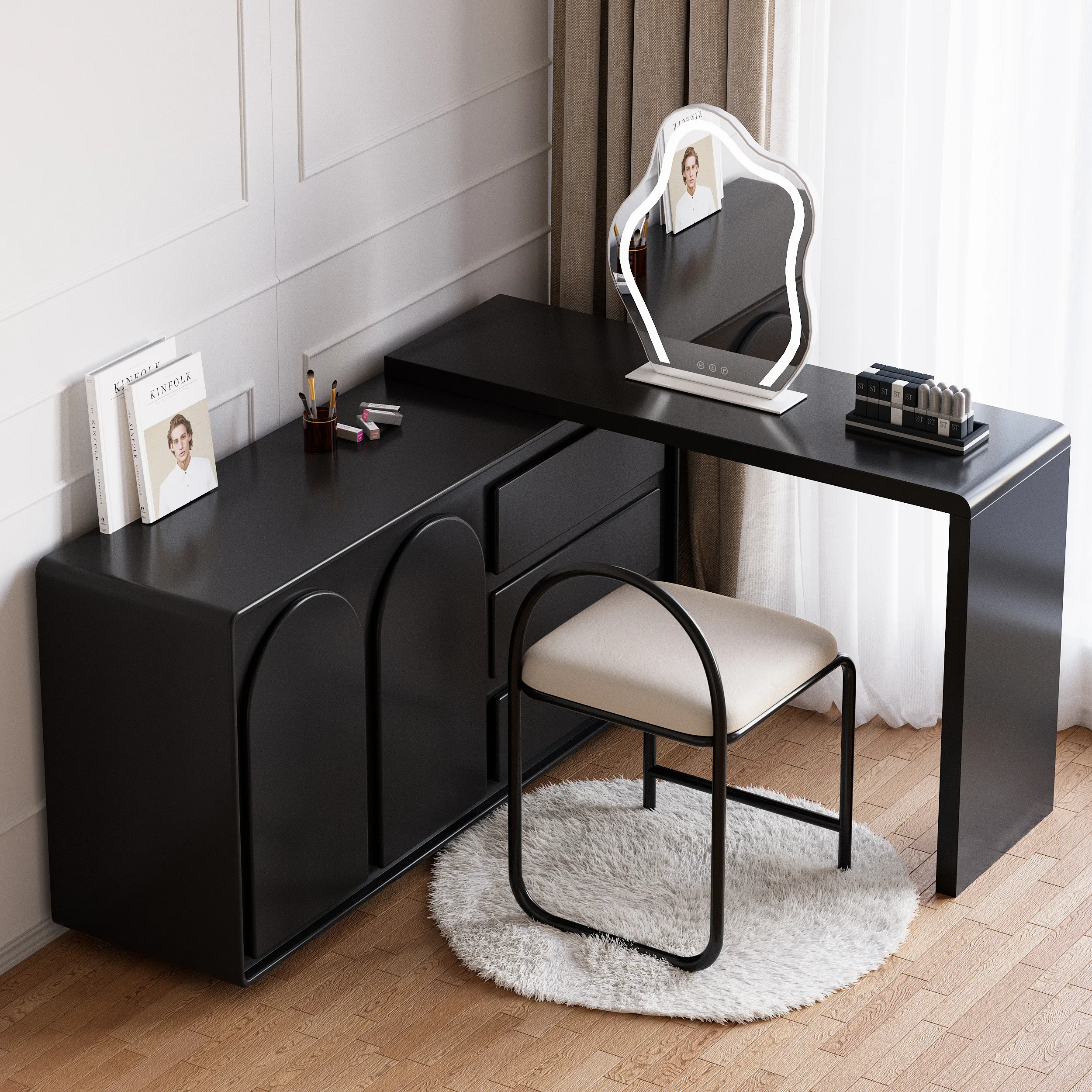 Retractable Makeup Vanity with Doors and Drawers - Black
