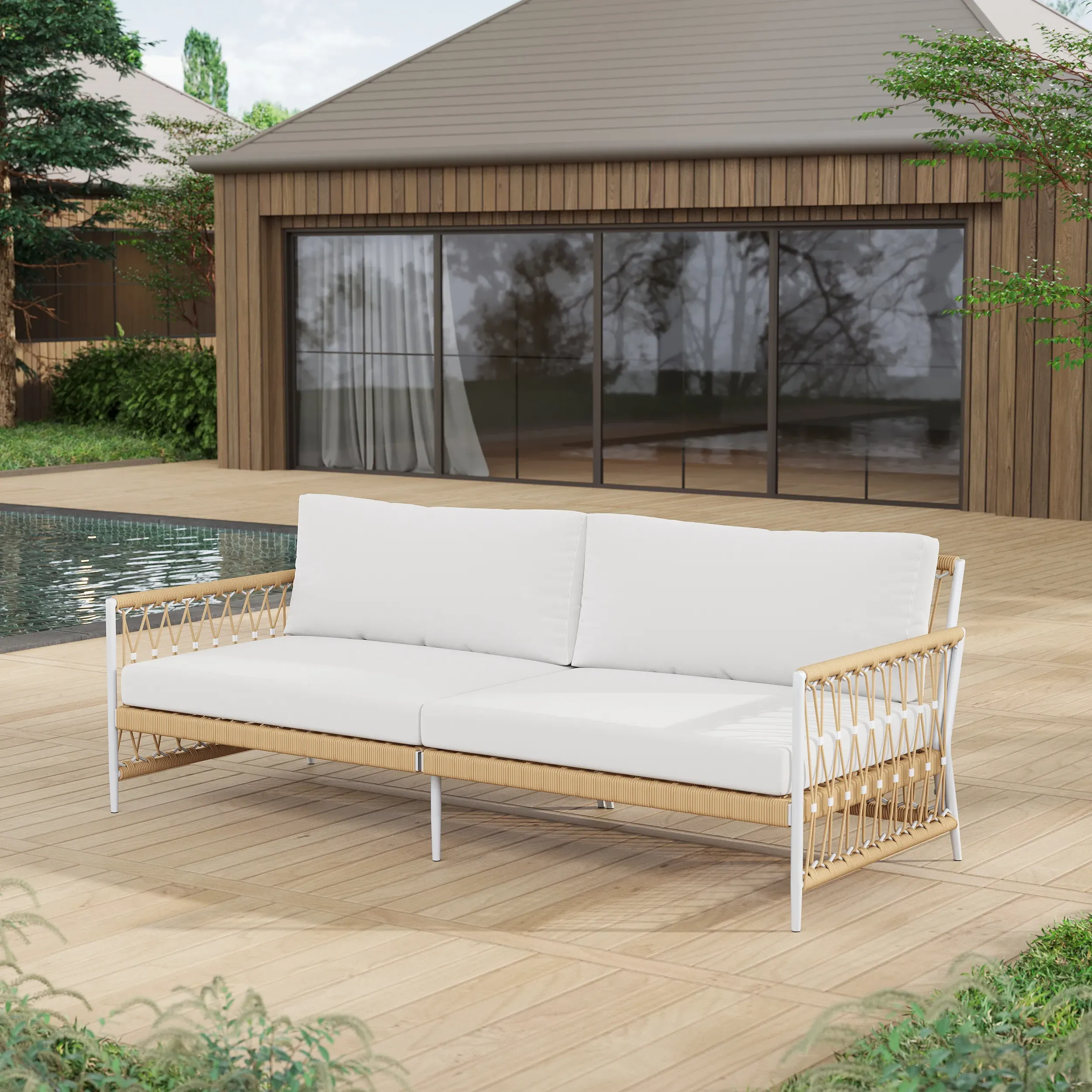 Ropipe 3-Seater Outdoor Sofa with Cushions - White, Polyester