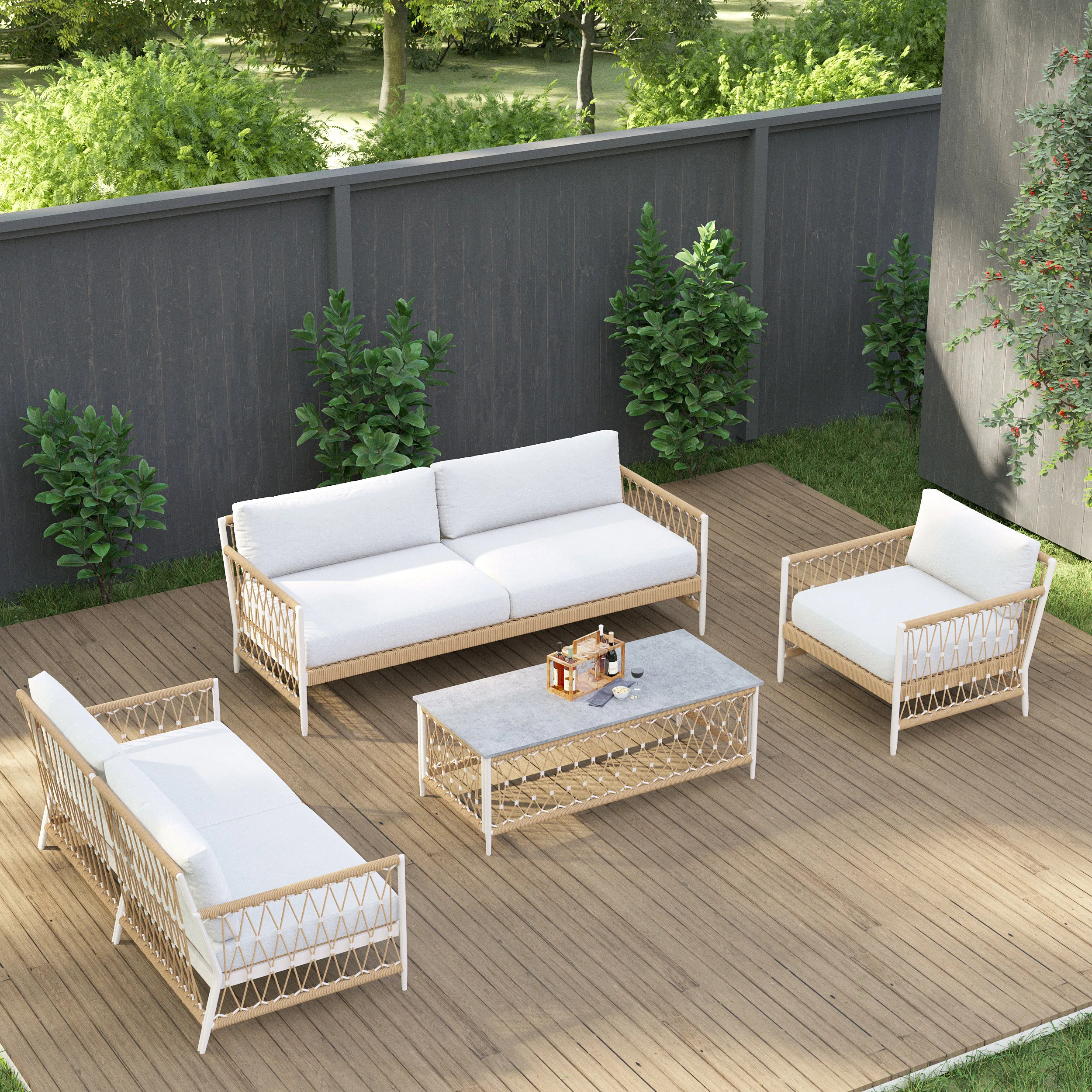 Ropipe 4-Piece Outdoor Sectional Sofa Set - Khaki, Woven Rope