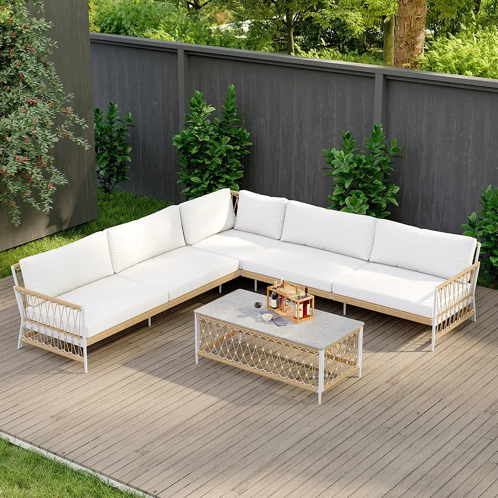 Ropipe L-Shaped Outdoor Sectional Sofa Set - Khaki, Woven Rope