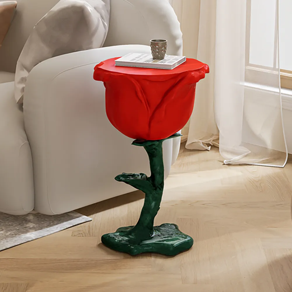 Rose Sculpture Side Table with Tray - Red, Resin