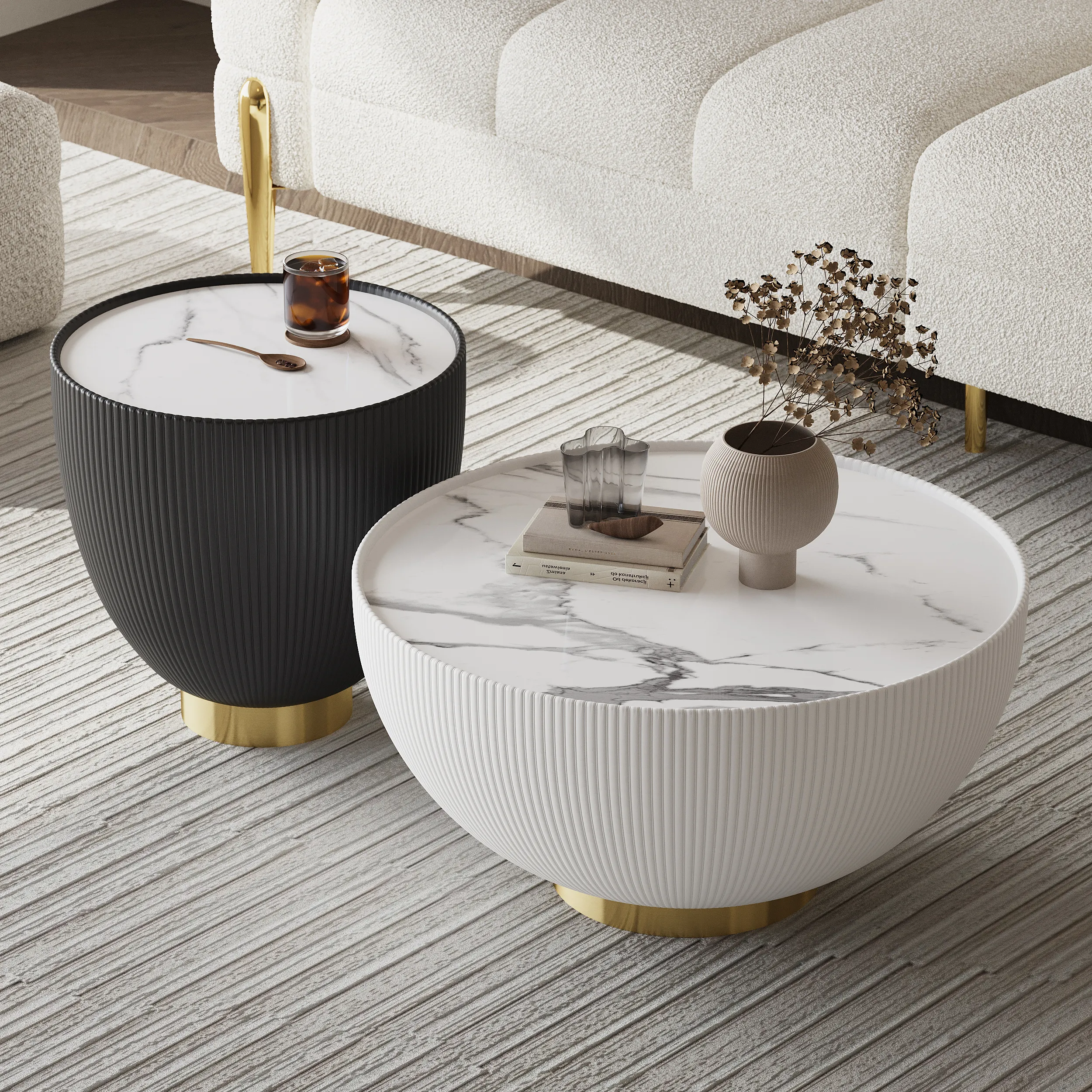 Round 2-Piece Drum Coffee Table Set - Beige, PU Leather