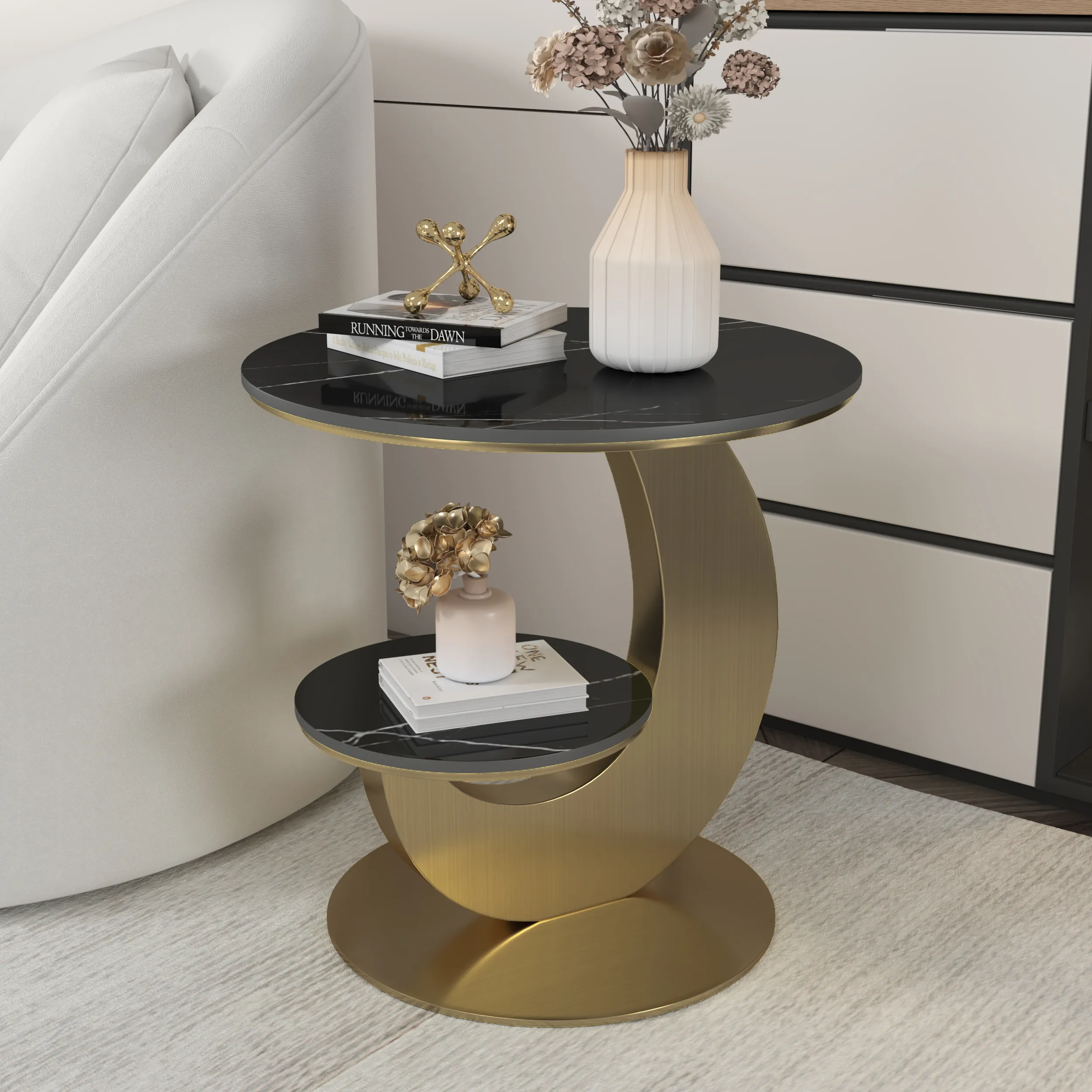 Round 2 Tier End Table - Black, Faux Marble image