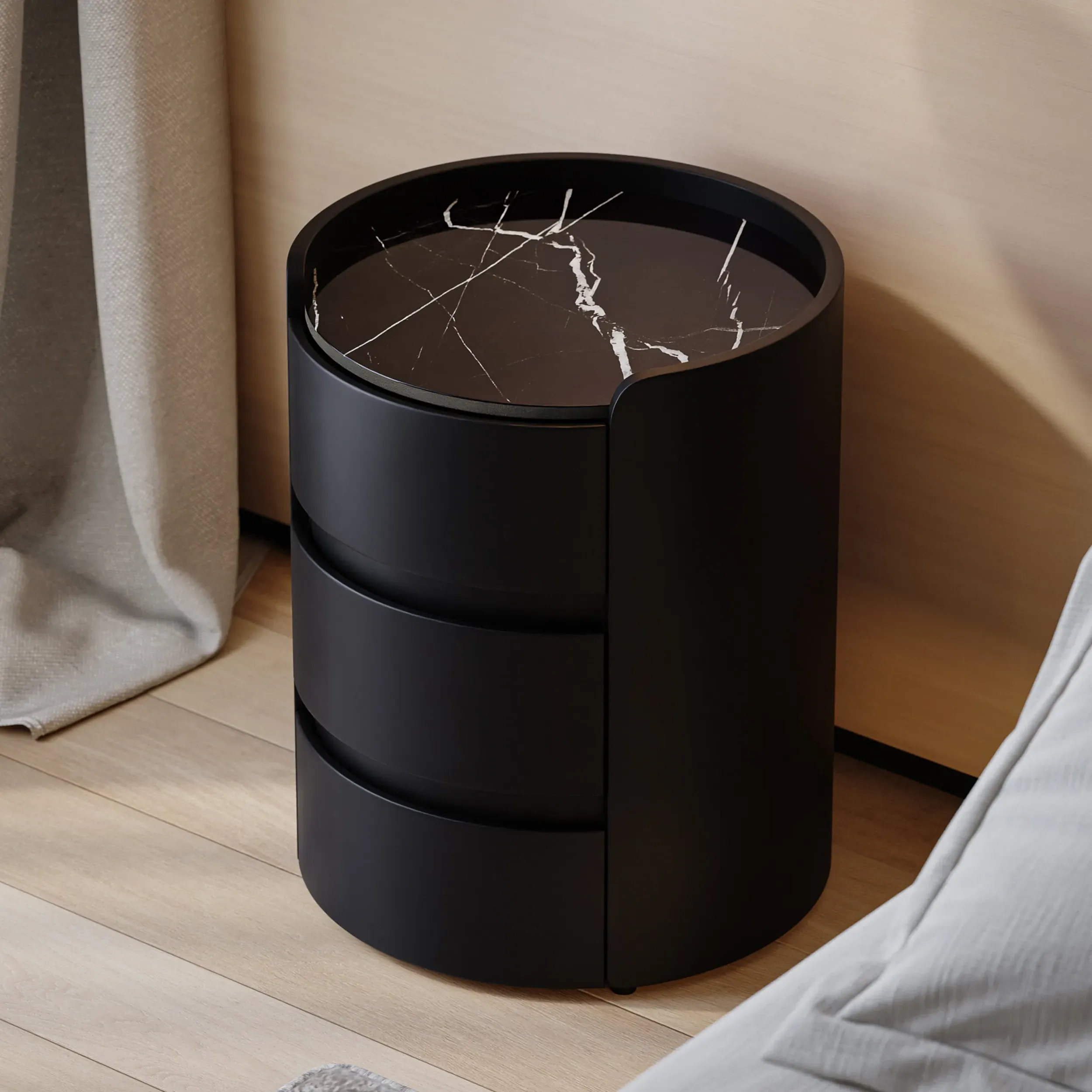 Round 3-Drawer Nightstand - White, Leather