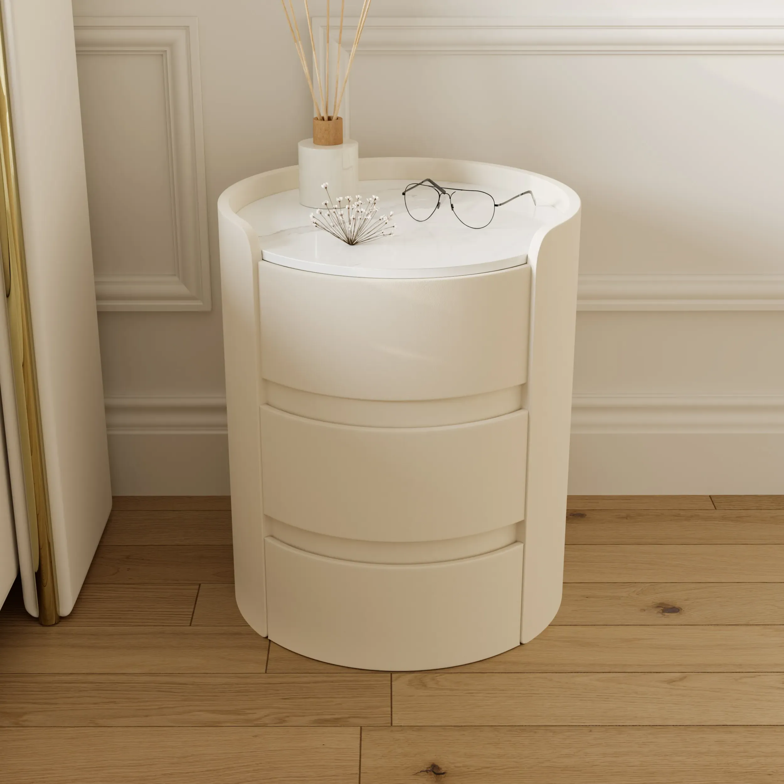 Round 3-Drawer Nightstand - White, Leather