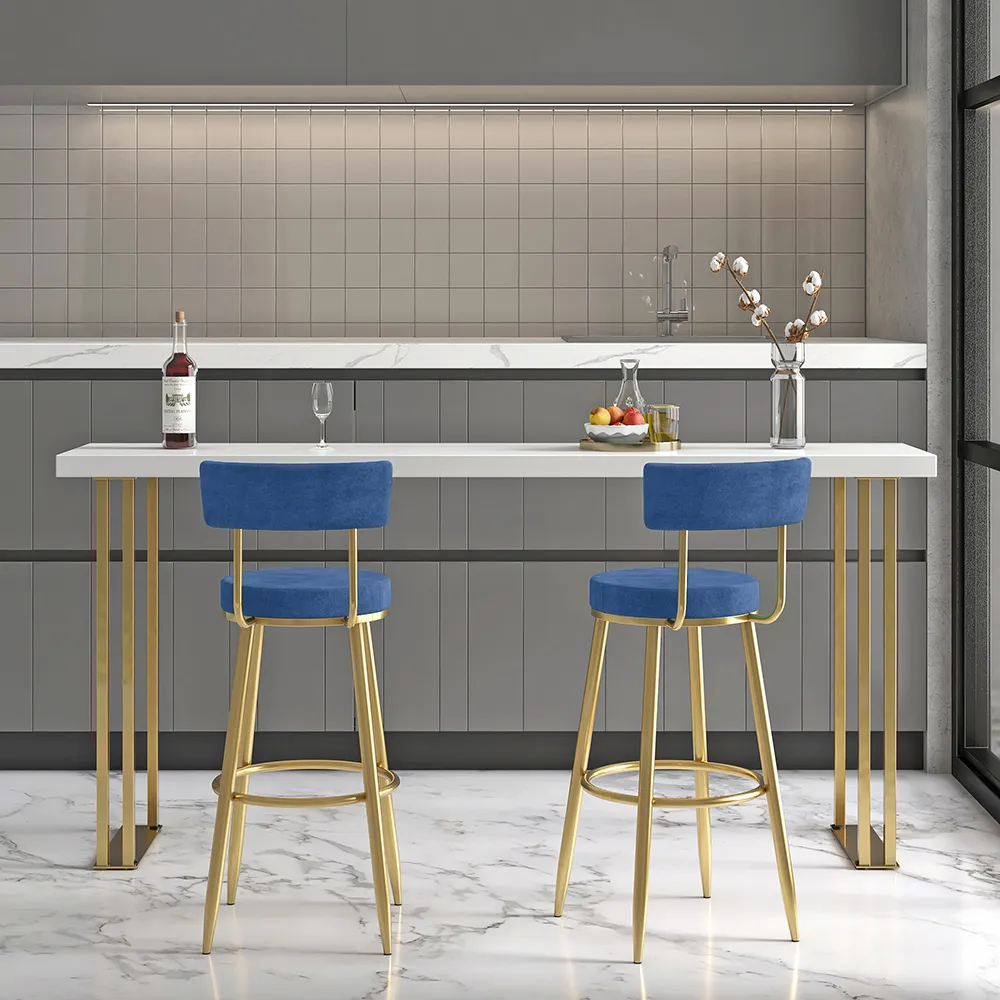 Round Bar Height Stool with Back & Footrest - Blue, Velvet image