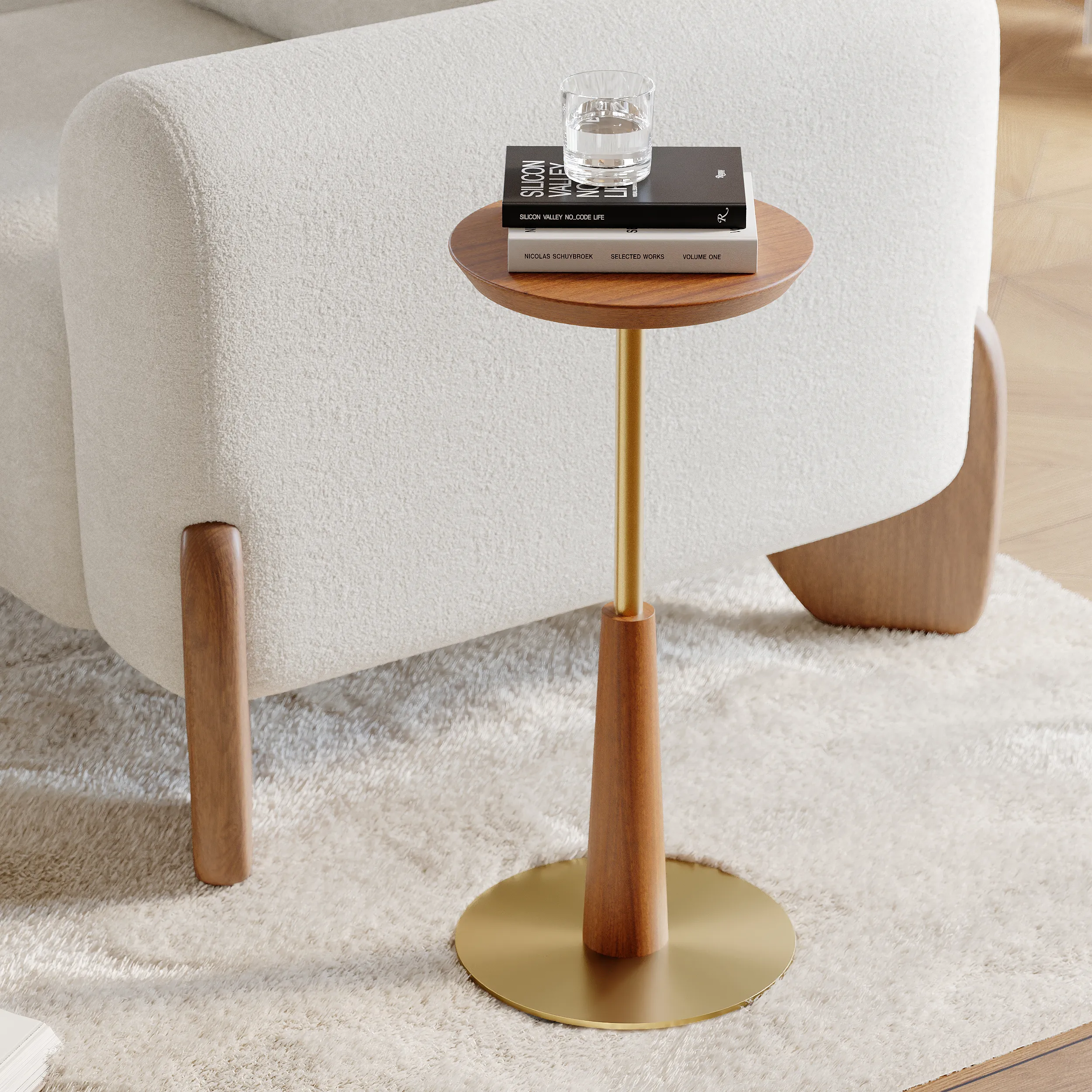Round Cocktail Side Table - Walnut, Gold