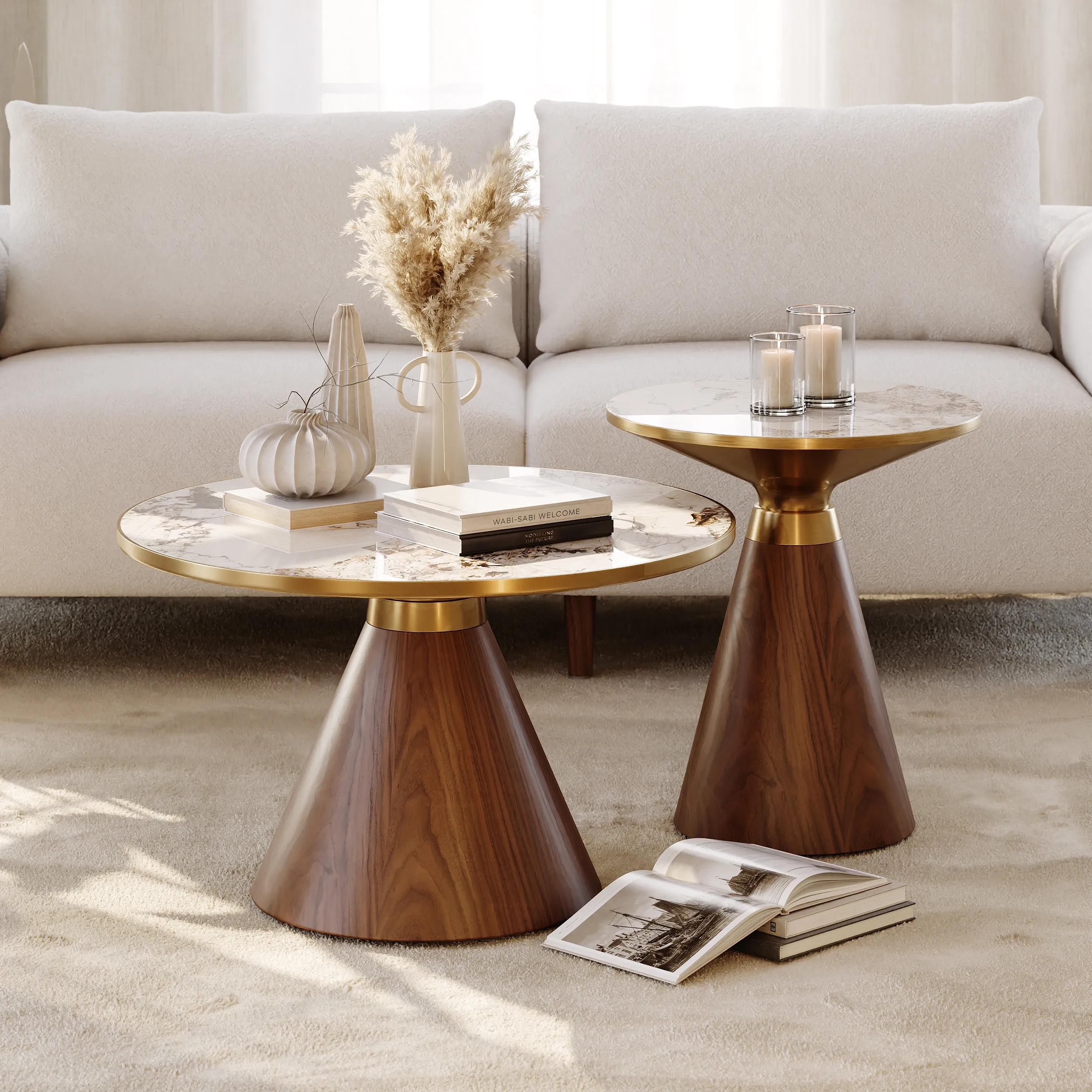 Round Coffee Table 2 Pieces Set - Walnut, Sintered Stone
