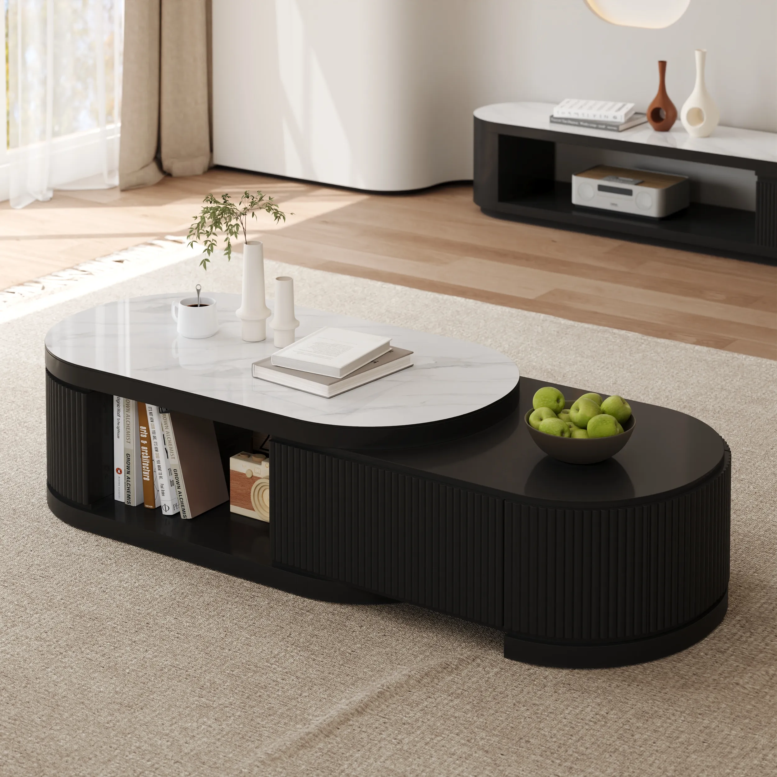 Round Coffee Table Extendable with Storage - Black, Sintered Stone