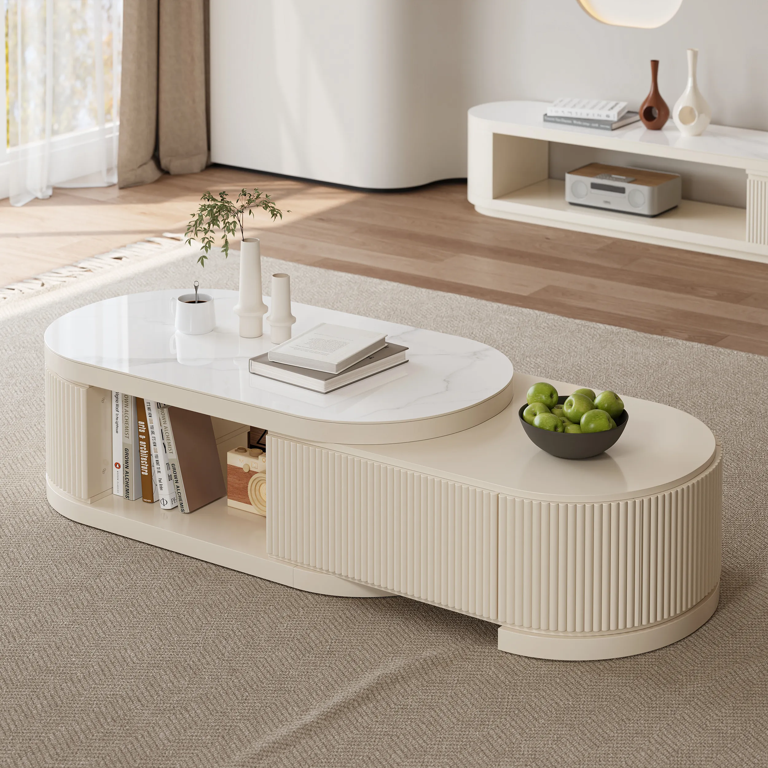 Round Coffee Table Extendable with Storage - White, Sintered Stone