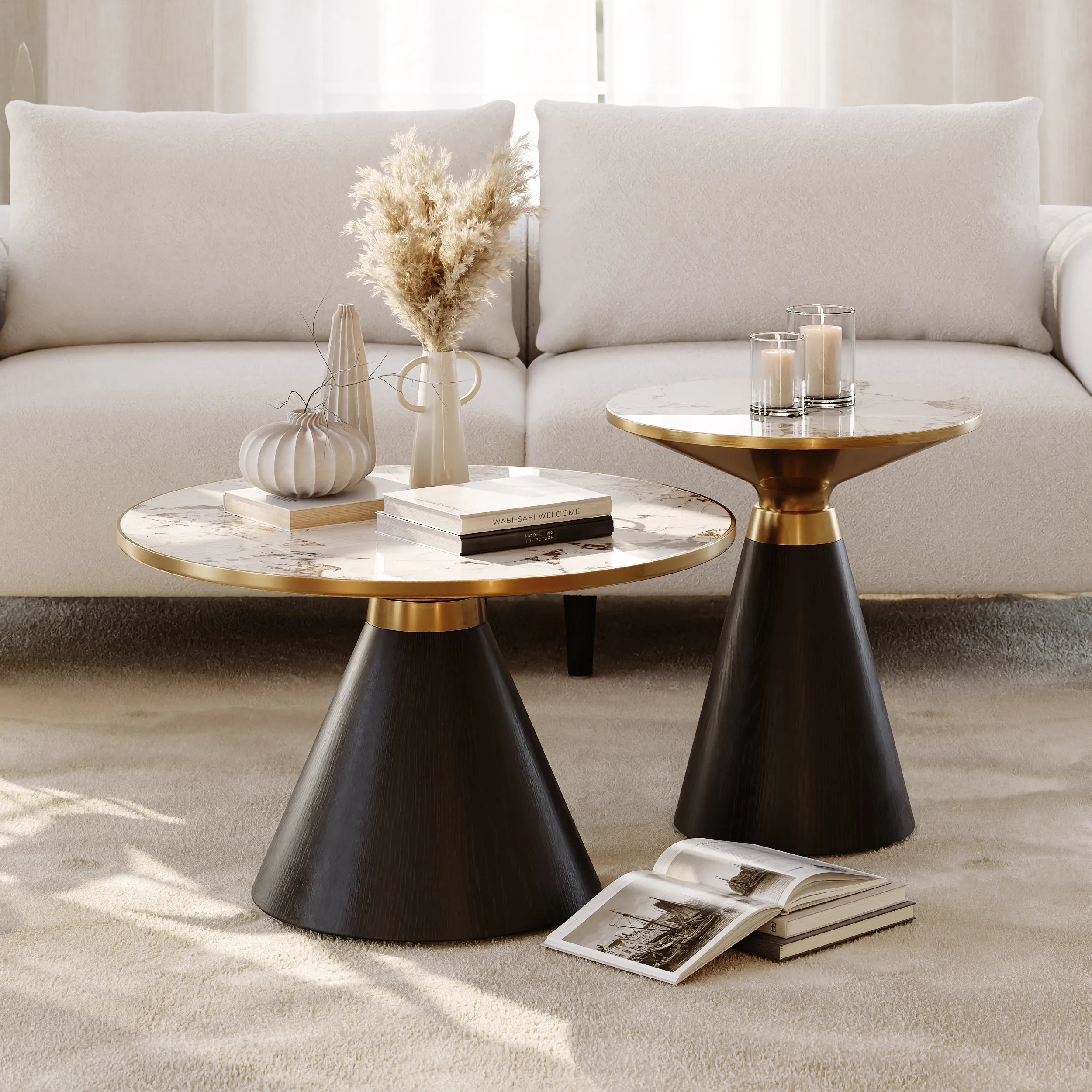 Round Coffee Table Set - Black, Sintered Stone