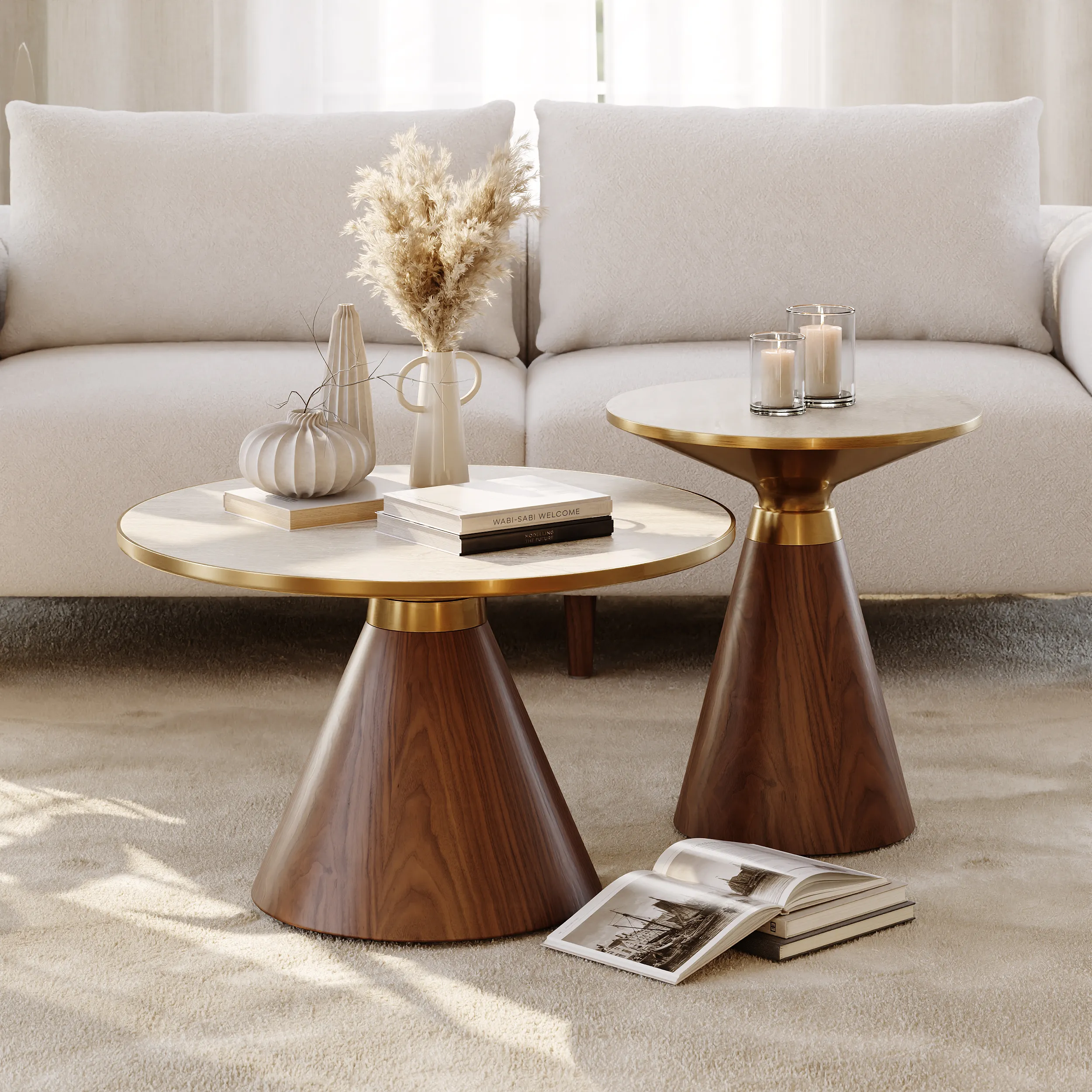 Round Coffee Table Set - Walnut, Sintered Stone