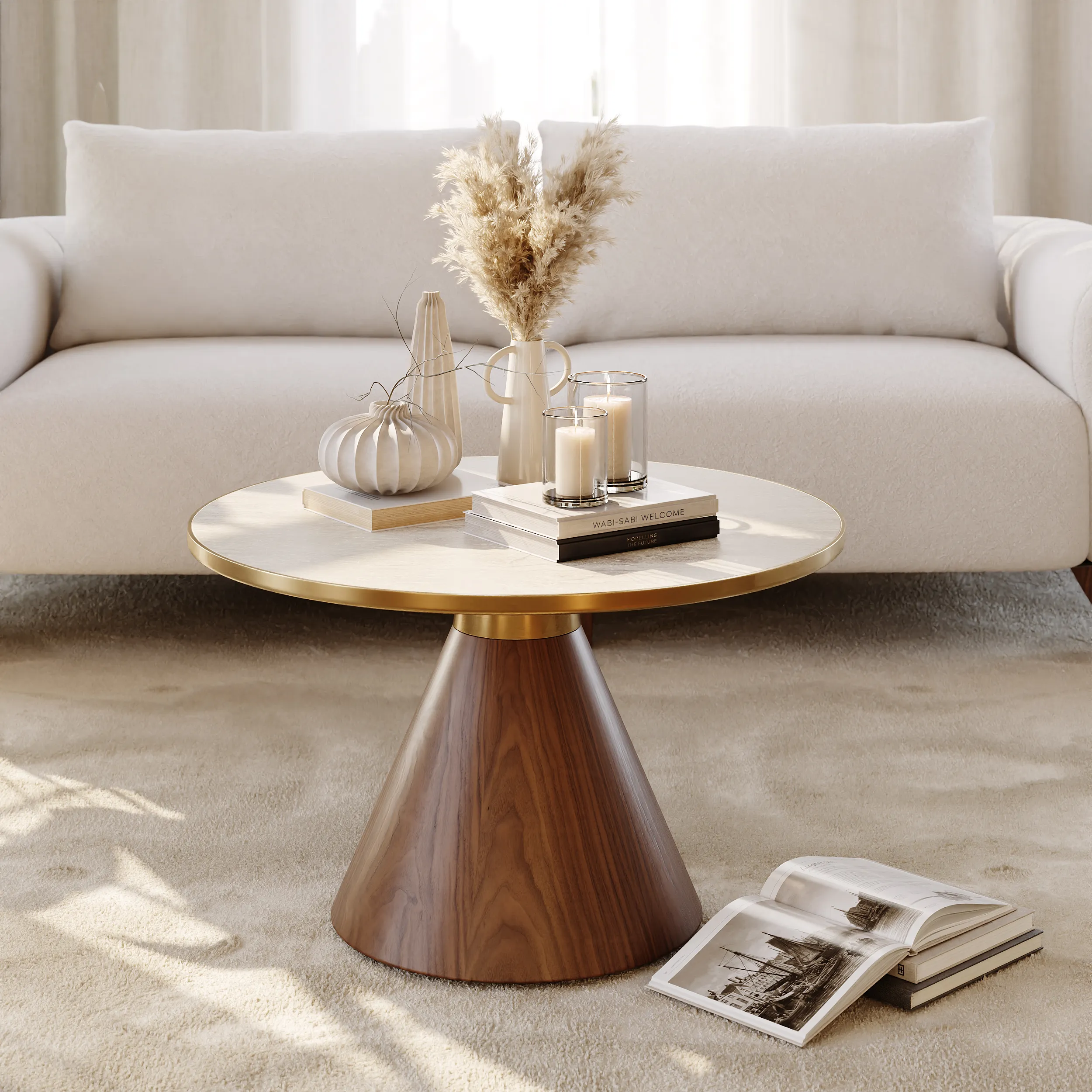 Round Coffee Table - Walnut, Sintered Stone