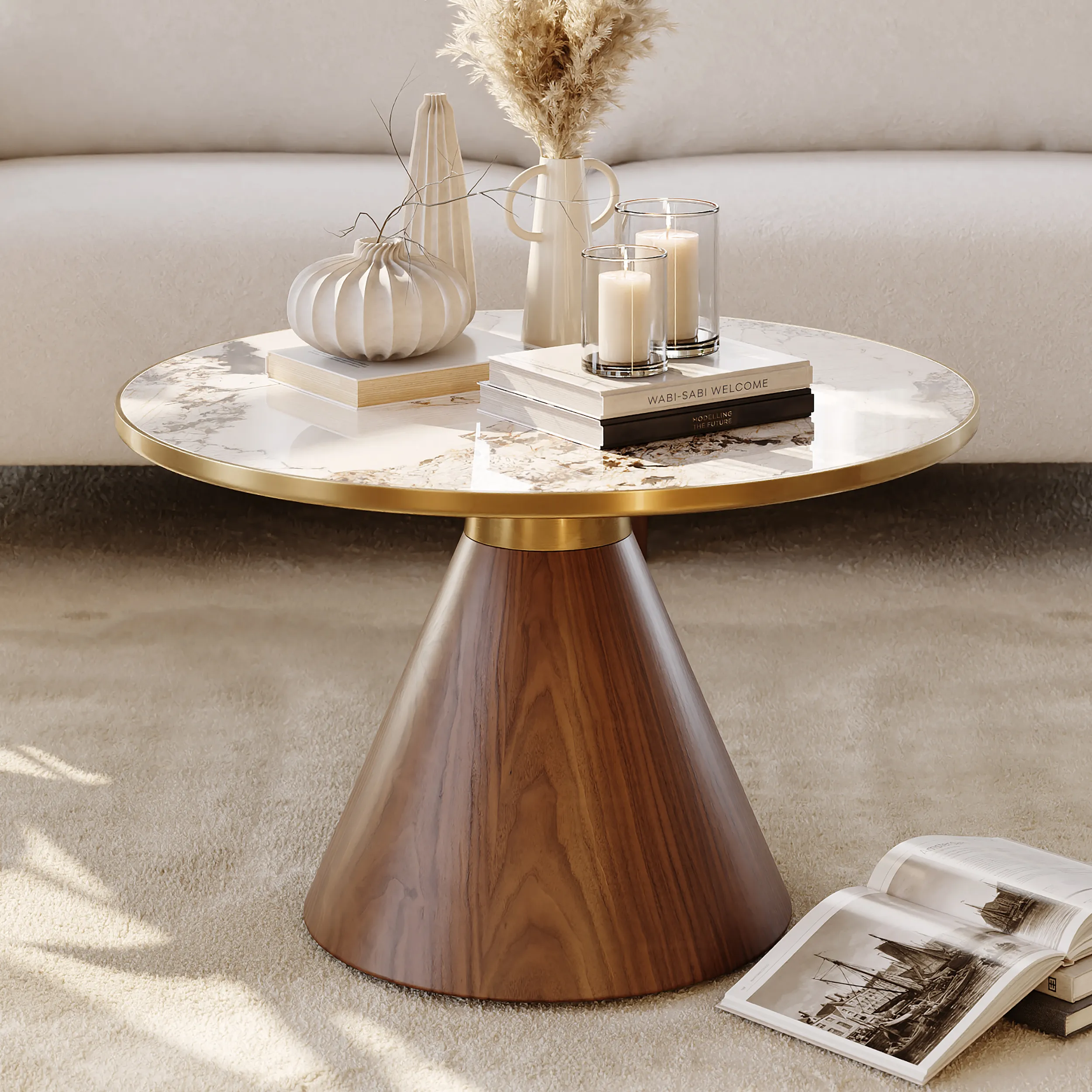 Round Coffee Table - Walnut, Sintered Stone