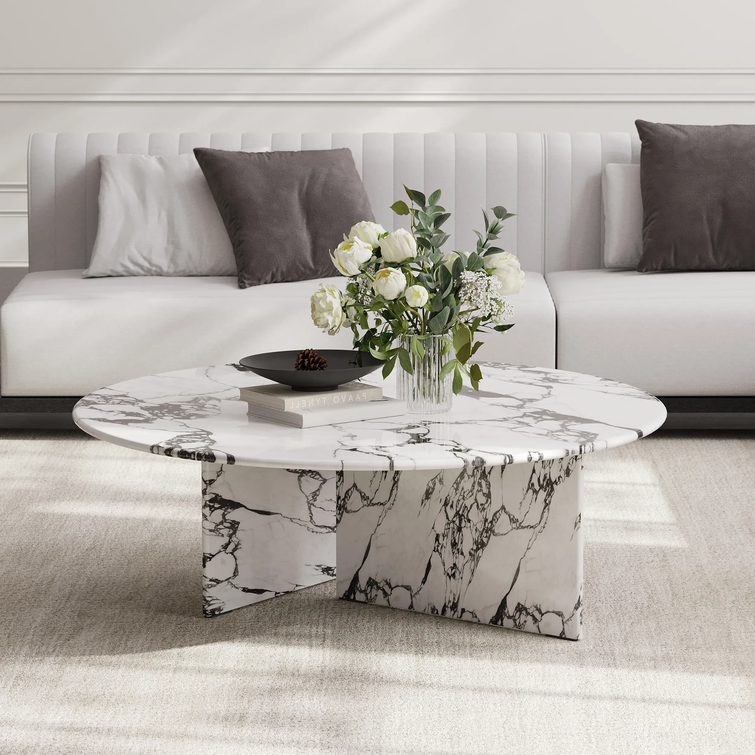 Round Coffee Table with 2 Legs - Black & White, Marble