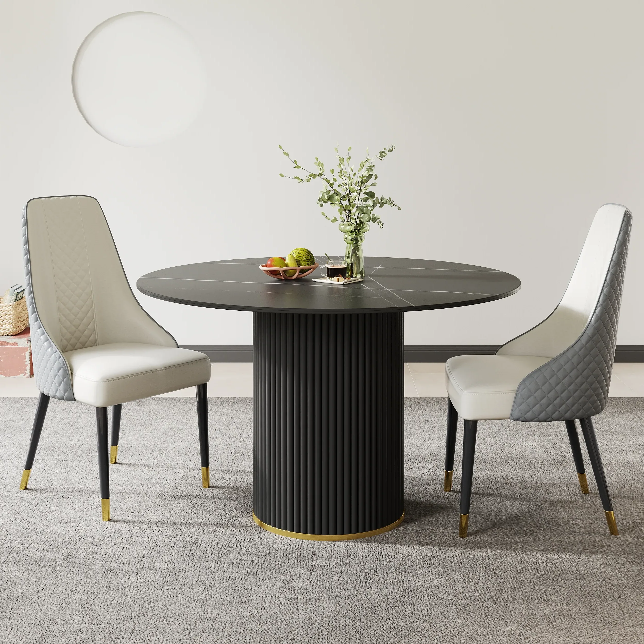 Round Dining Table Faux Marble Top Pedestal Base - Black image