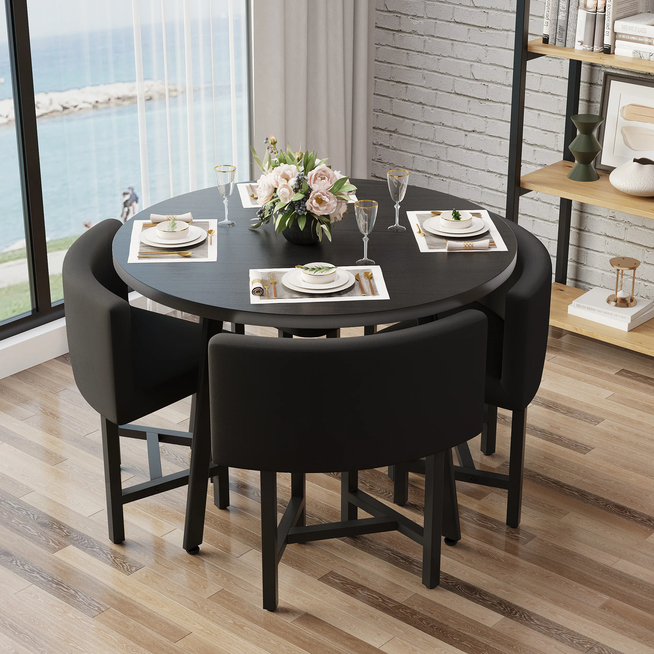 Round Dining Table Set for 4 - Black, MDF image