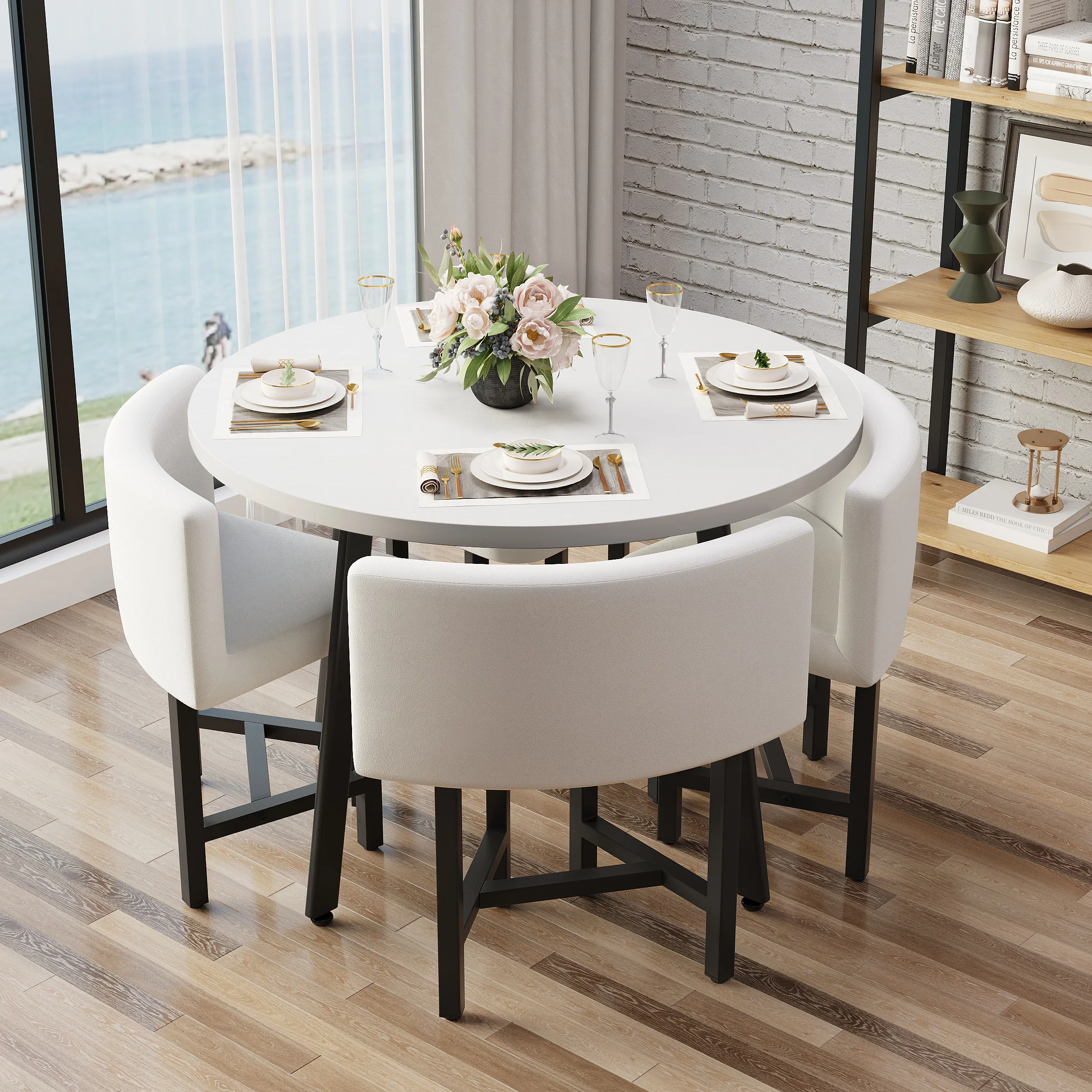Round Dining Table Set for 4 - White, MDF