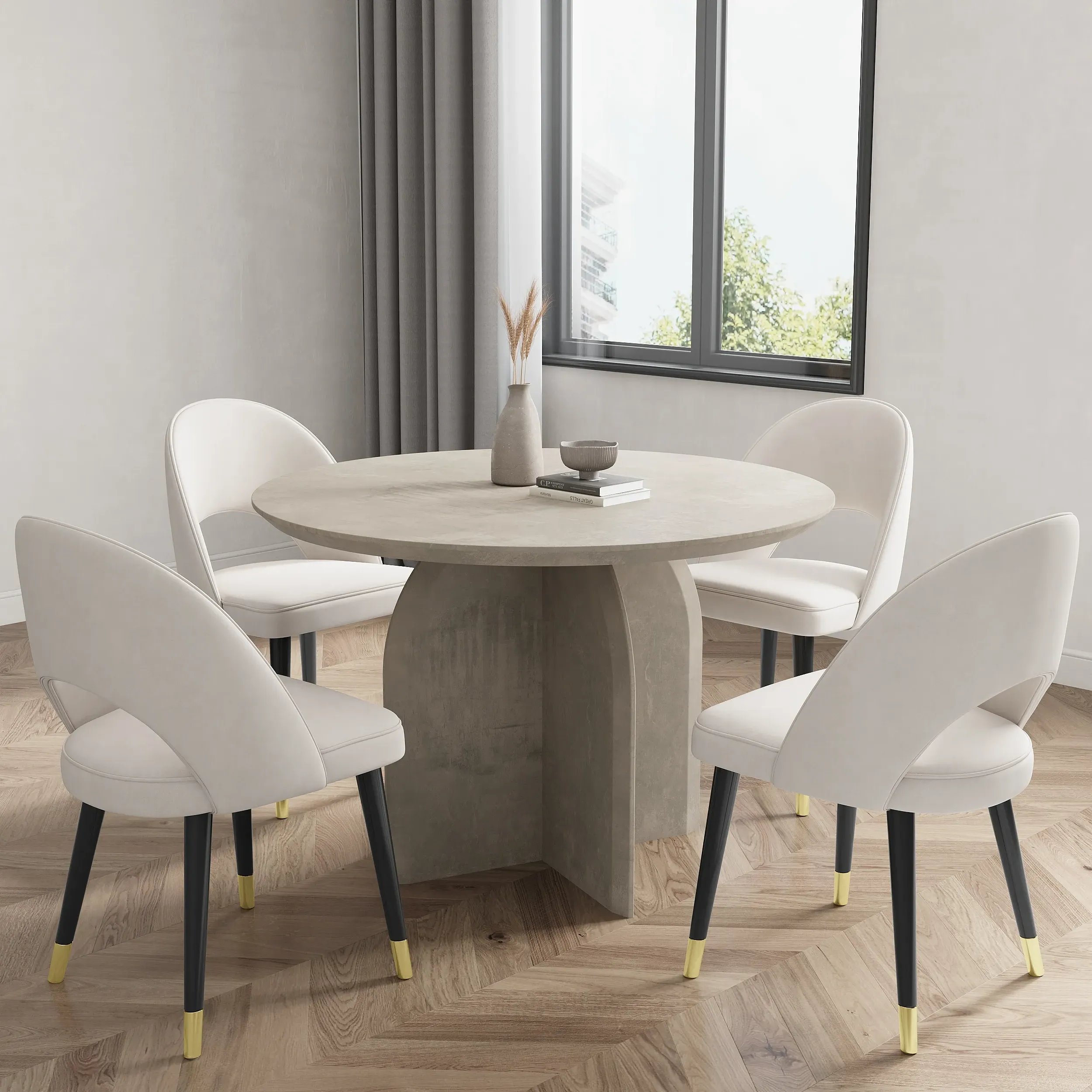 Round Dining Table Set with 4 Chairs - Light Gray, Pine Wood image
