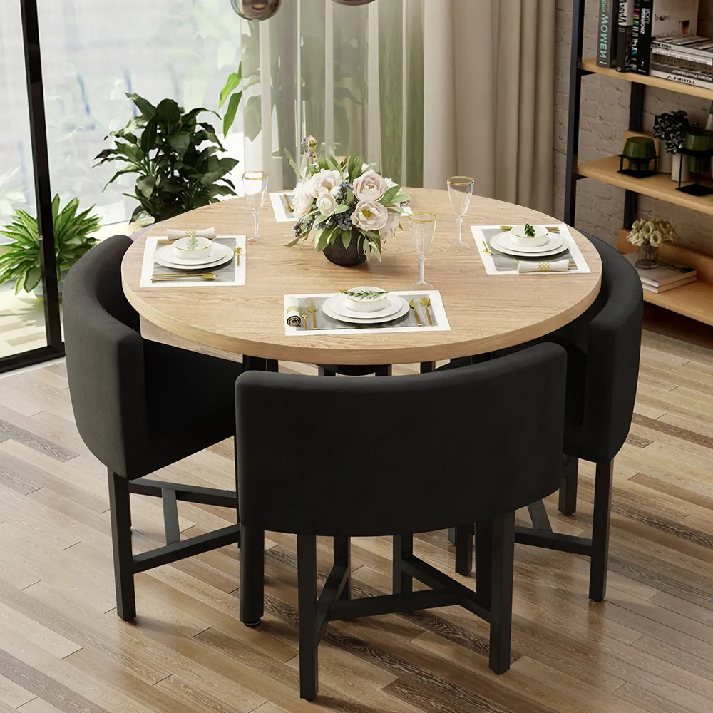 Round Dining Table Set with 4 Chairs - Natural Wood, Gray image