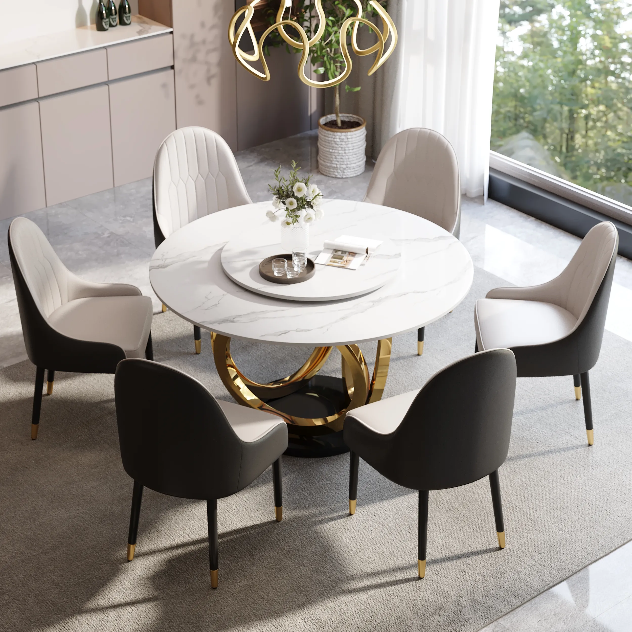 Round Dining Table Set with 6 Chairs - White & Gray, Marble image