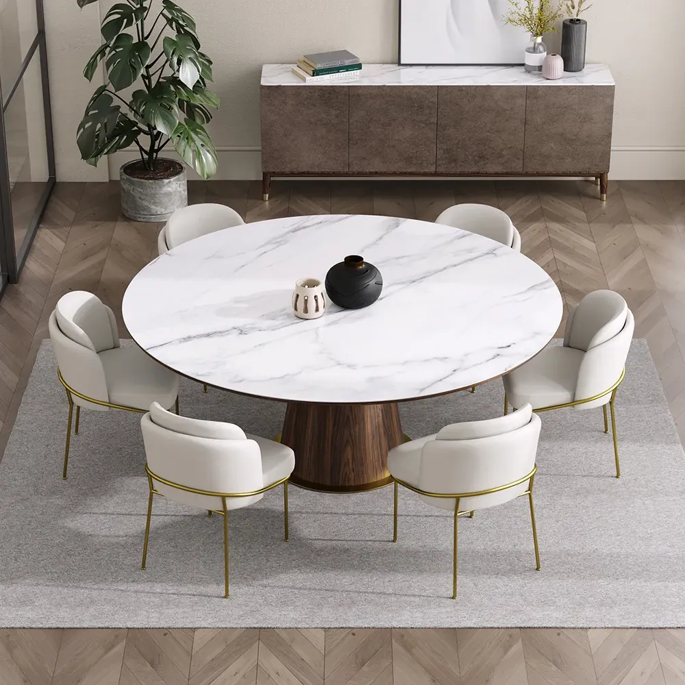 Round Dining Table Set with 6 Chairs - White, Marble