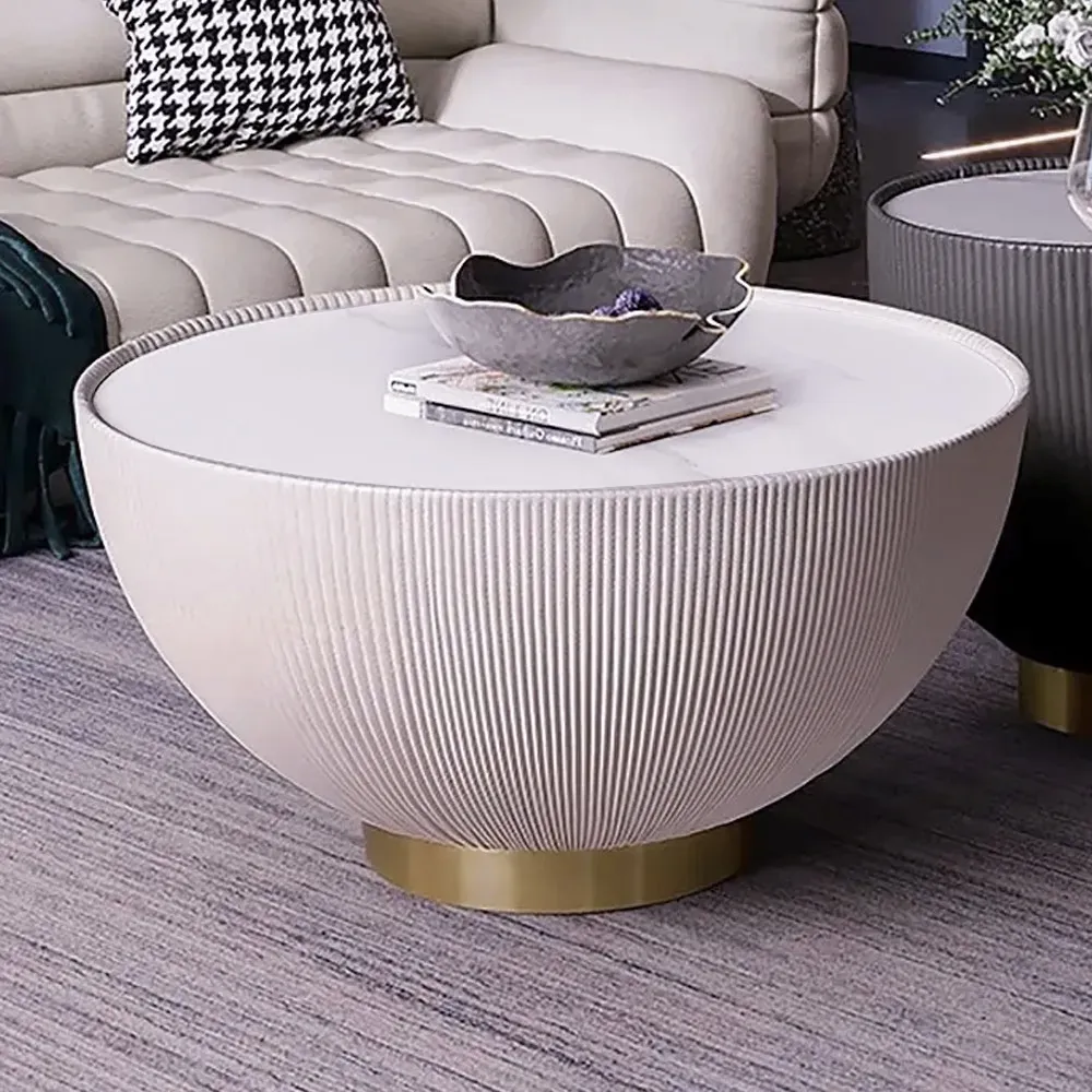 Round Drum Coffee Table - Beige, Sintered Stone