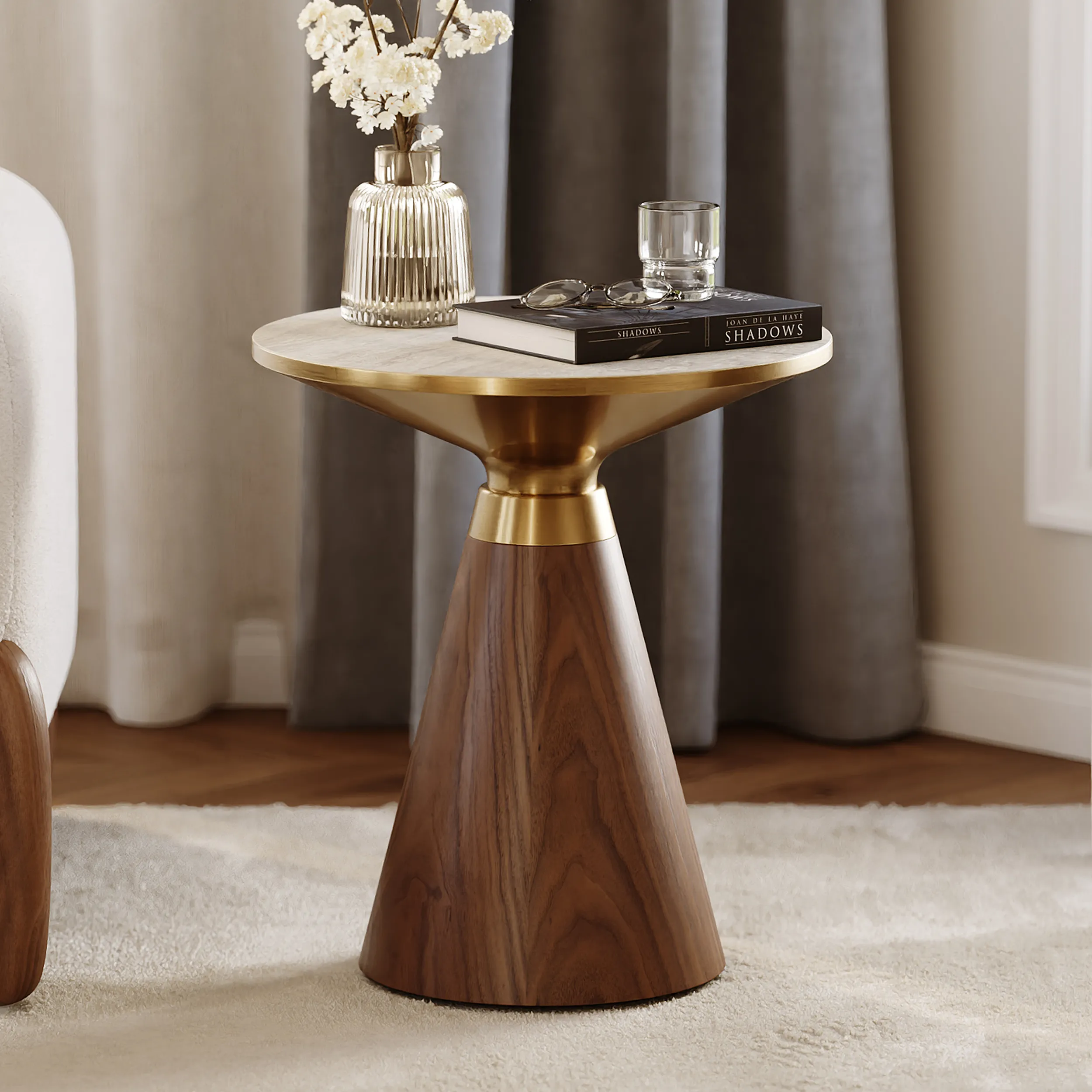 Round End Table - Walnut, Travertine