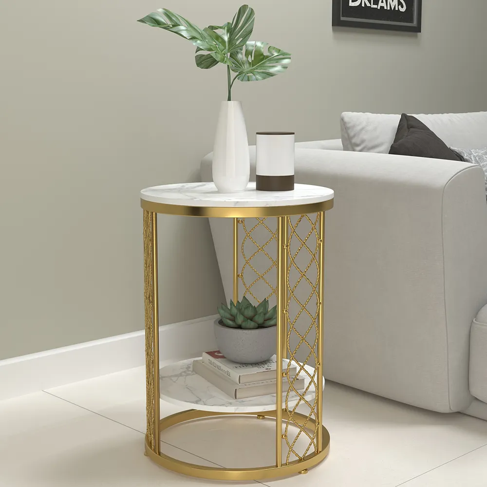 Round End Table with Storage - White, Gold Metal