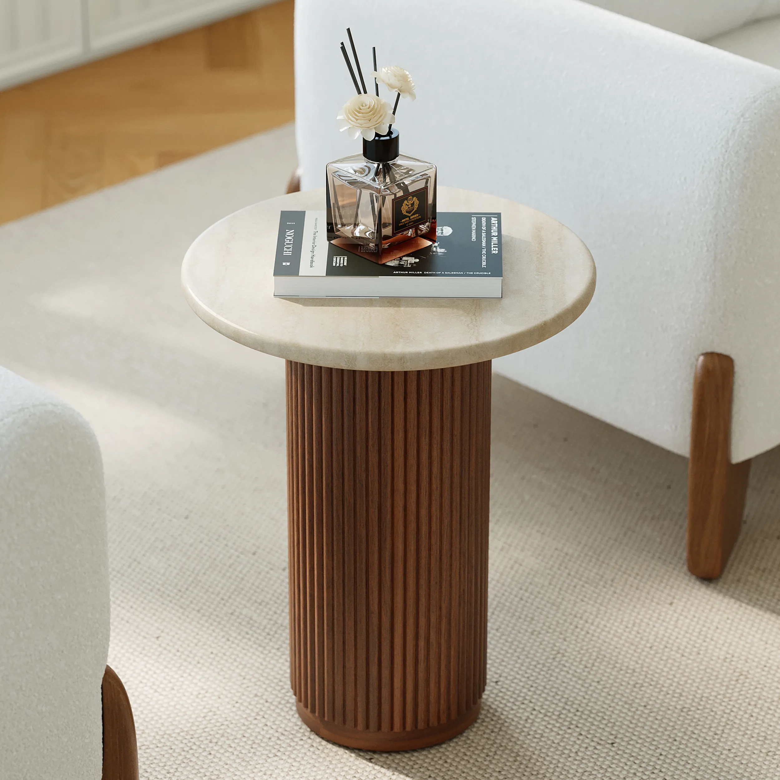 Round End Table with Wood Base - Faux Marble