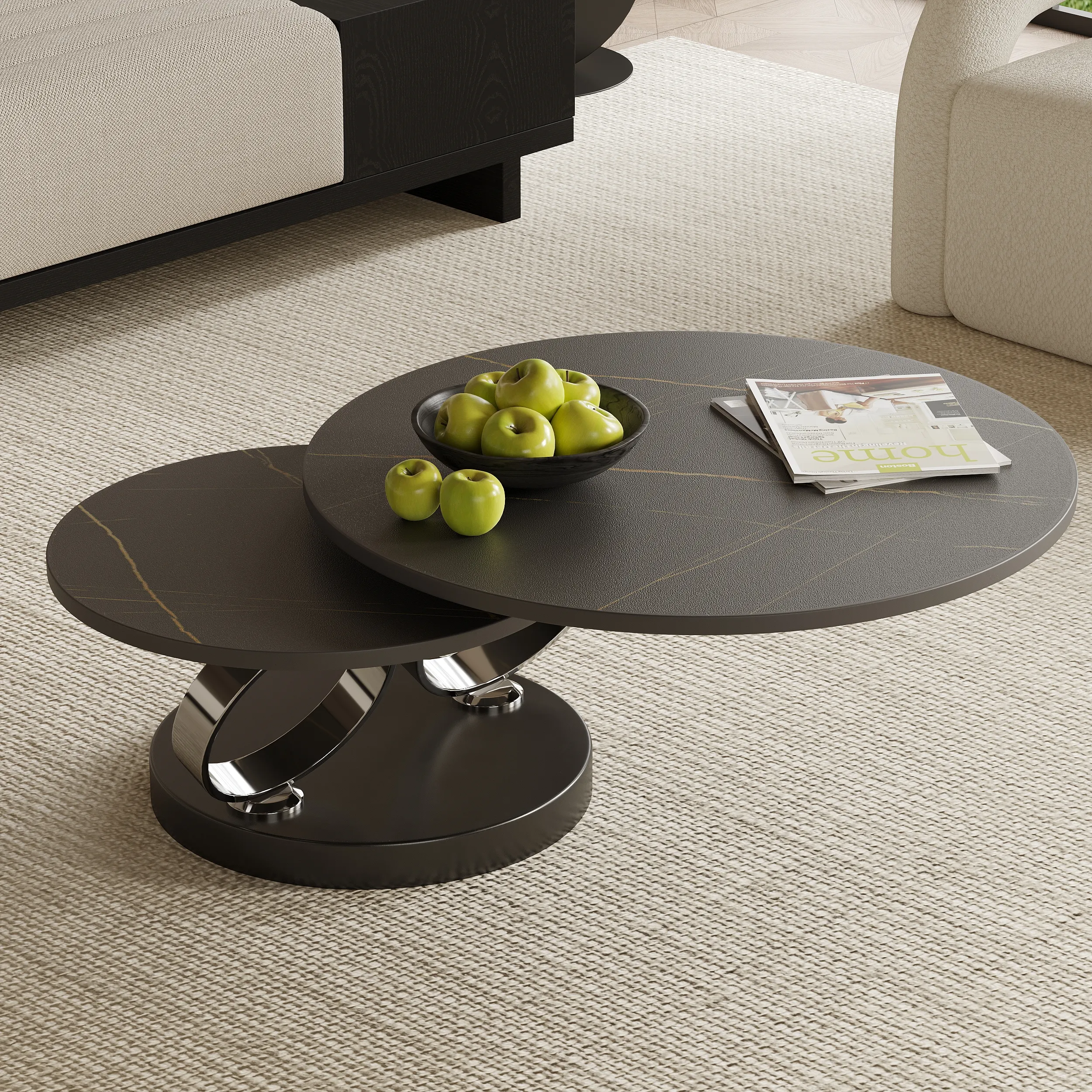 Round Extendable Coffee Table - Black, Sintered Stone