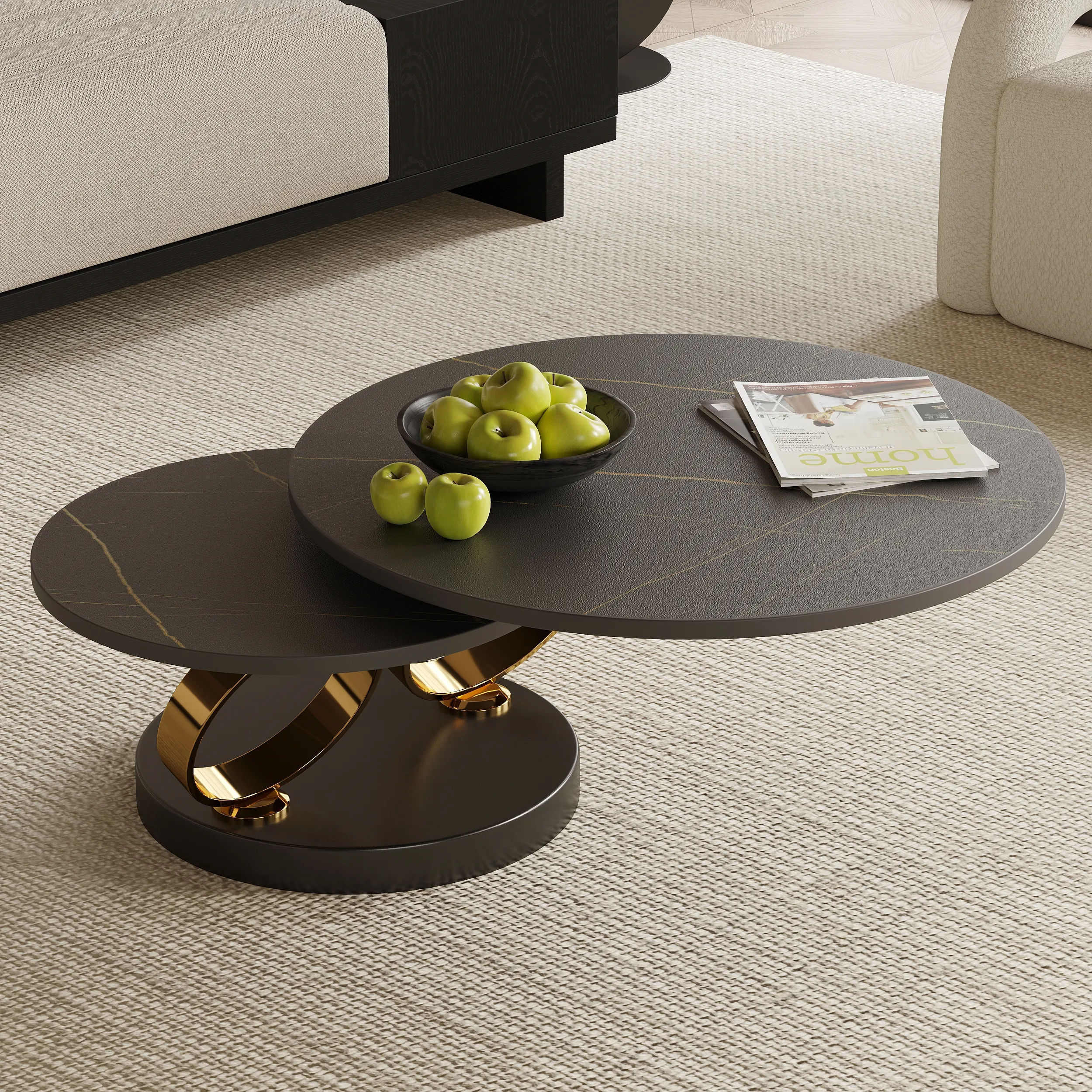 Round Extendable Coffee Table - Black, Stone