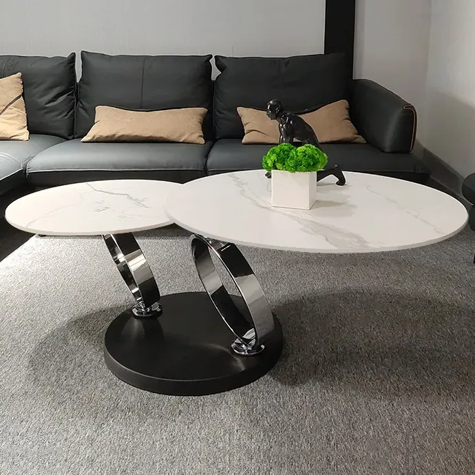 Round Extendable Coffee Table - White, Sintered Stone