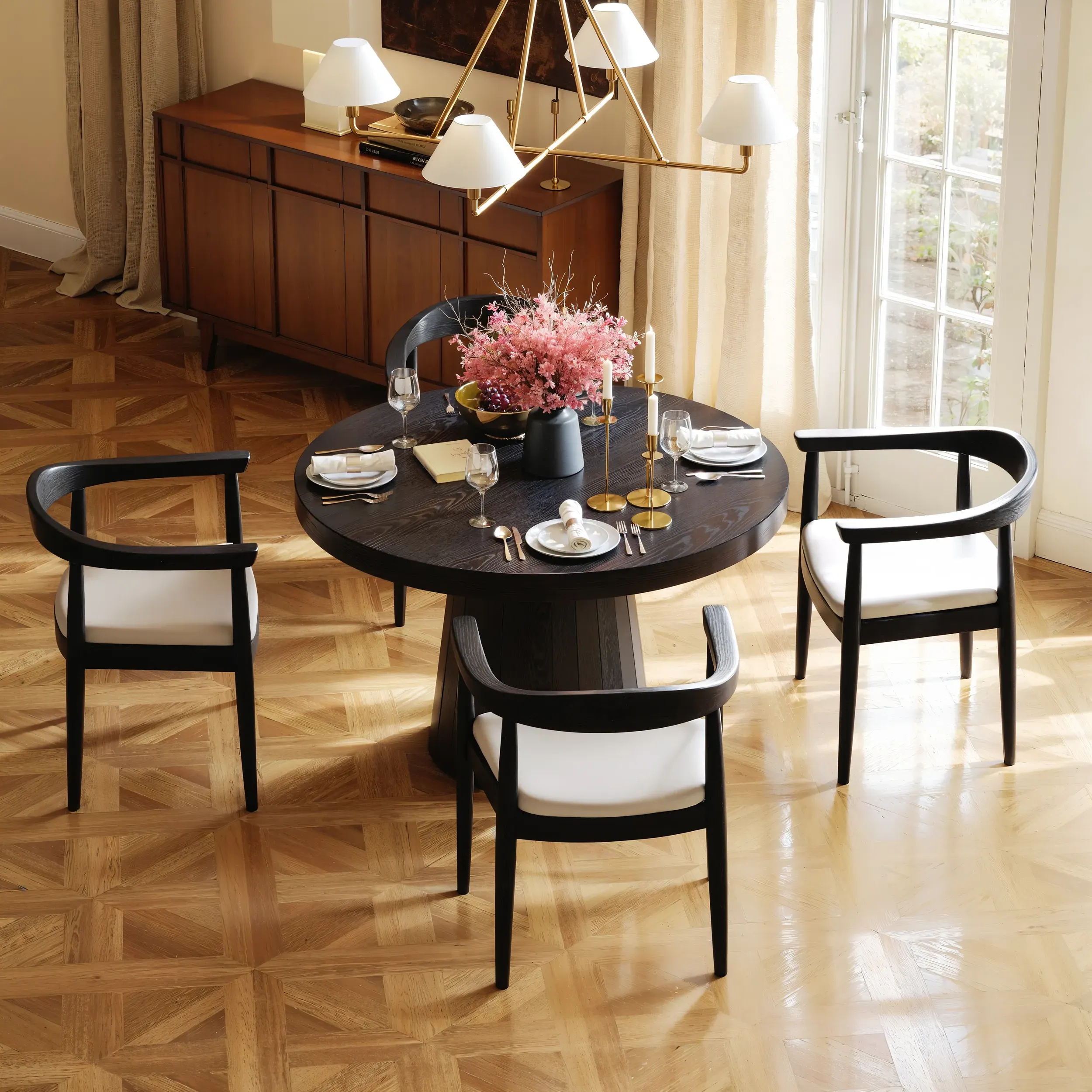 Round Extendable Dining Table Set with 4 Chairs - Black, Oak