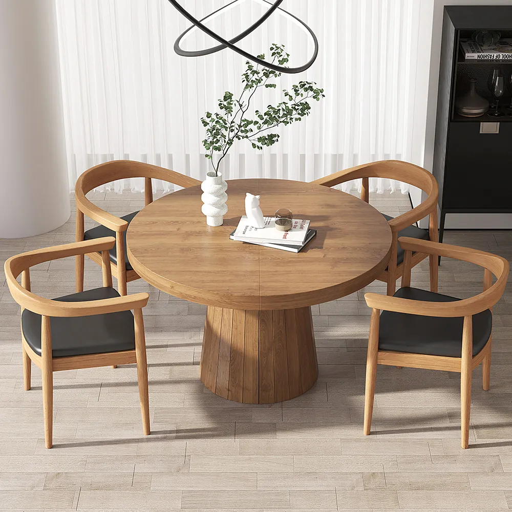 Round Extendable Dining Table Set with 4 Chairs - Oak