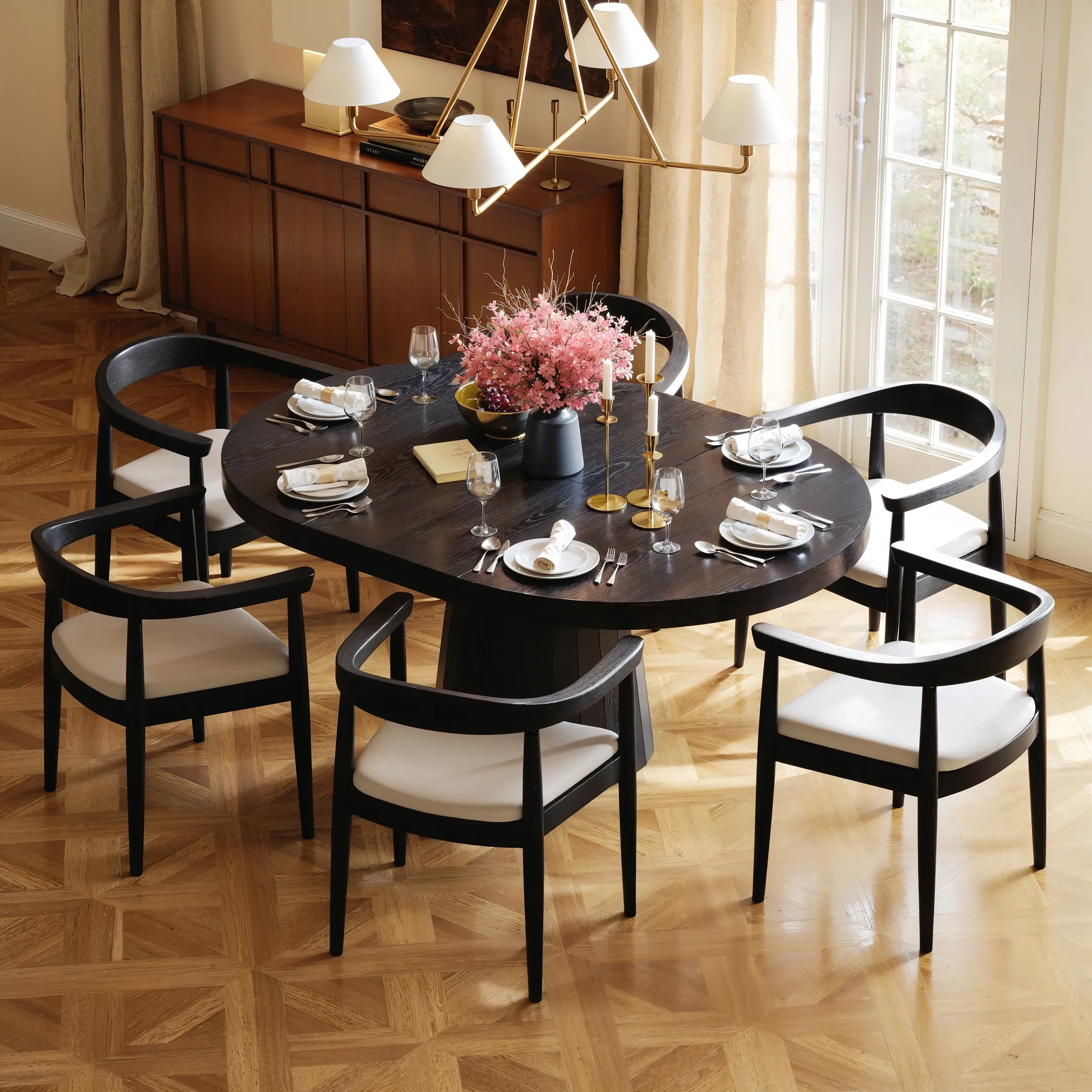 Round Extendable Dining Table Set with 6 Chairs - Black, Oak