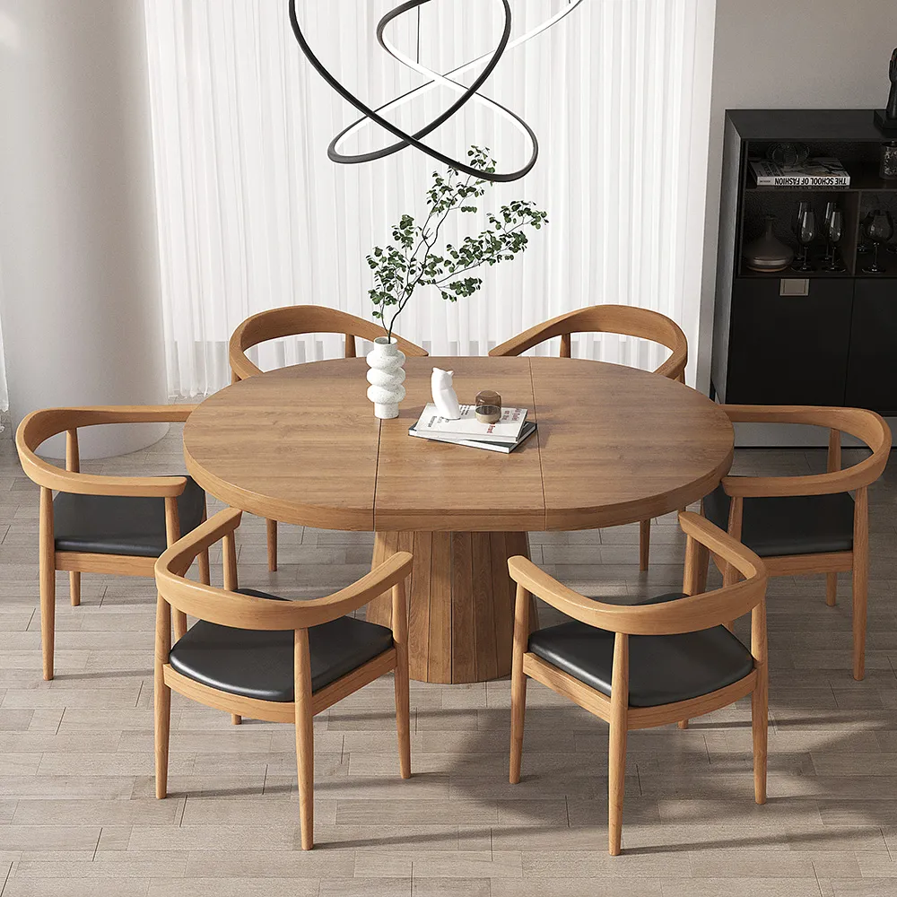 Round Extendable Dining Table Set with 6 Chairs - Oak