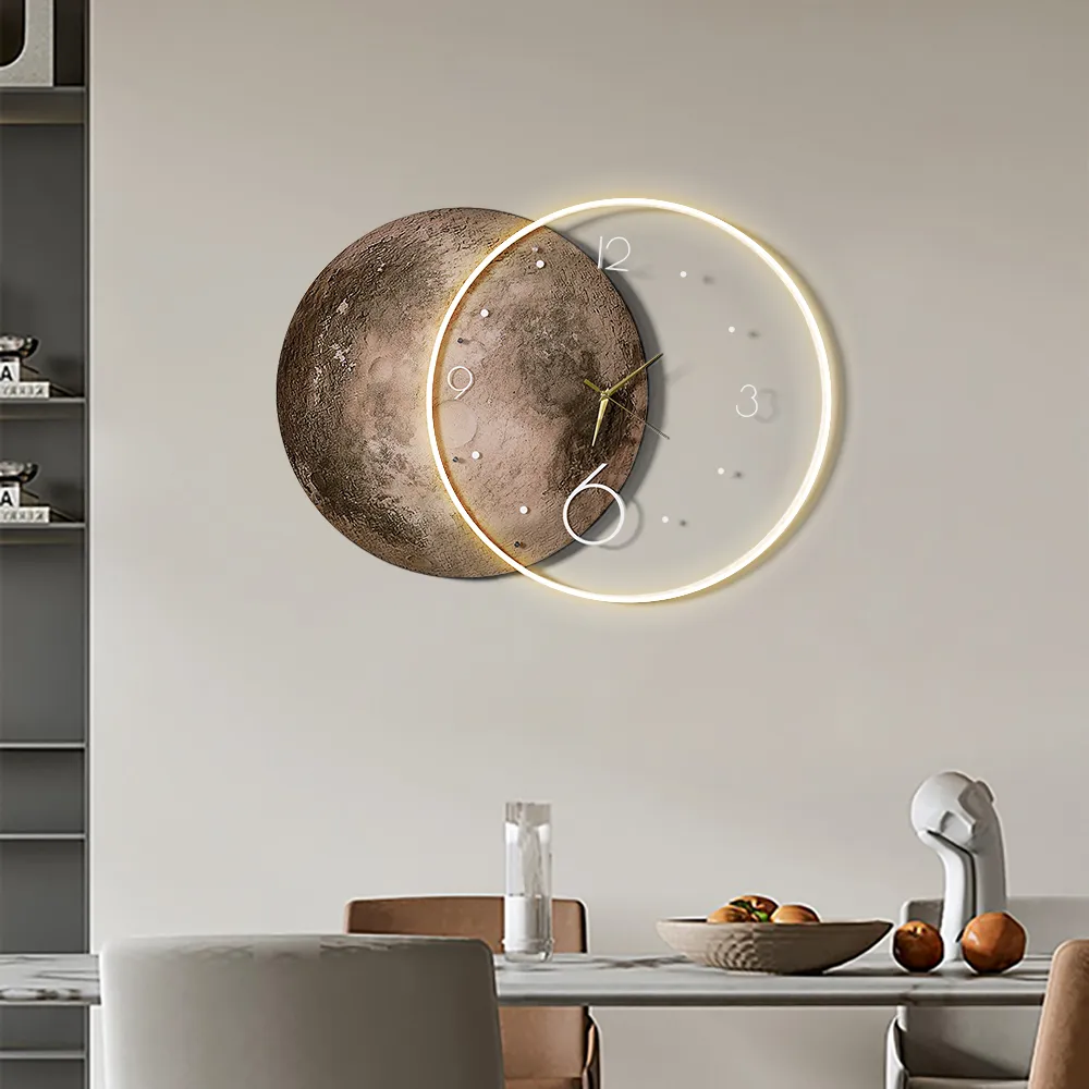 Round Large Wall Clock with LED Light - Brown