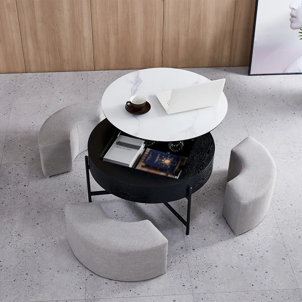 Round Lift-Top Coffee Table with Storage & 3 Ottoman - White, Black