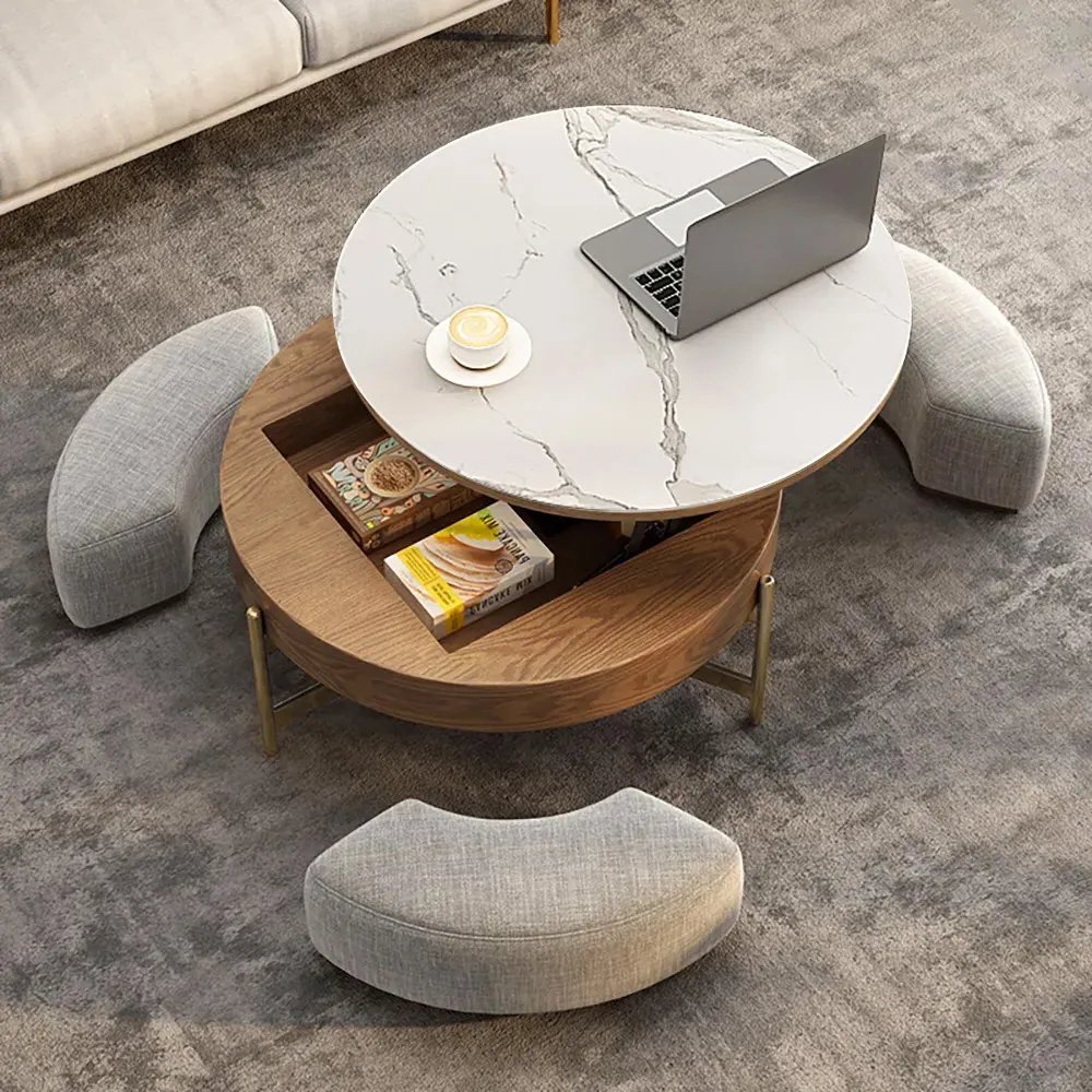Round Lift-Top Coffee Table with Storage - White, Walnut