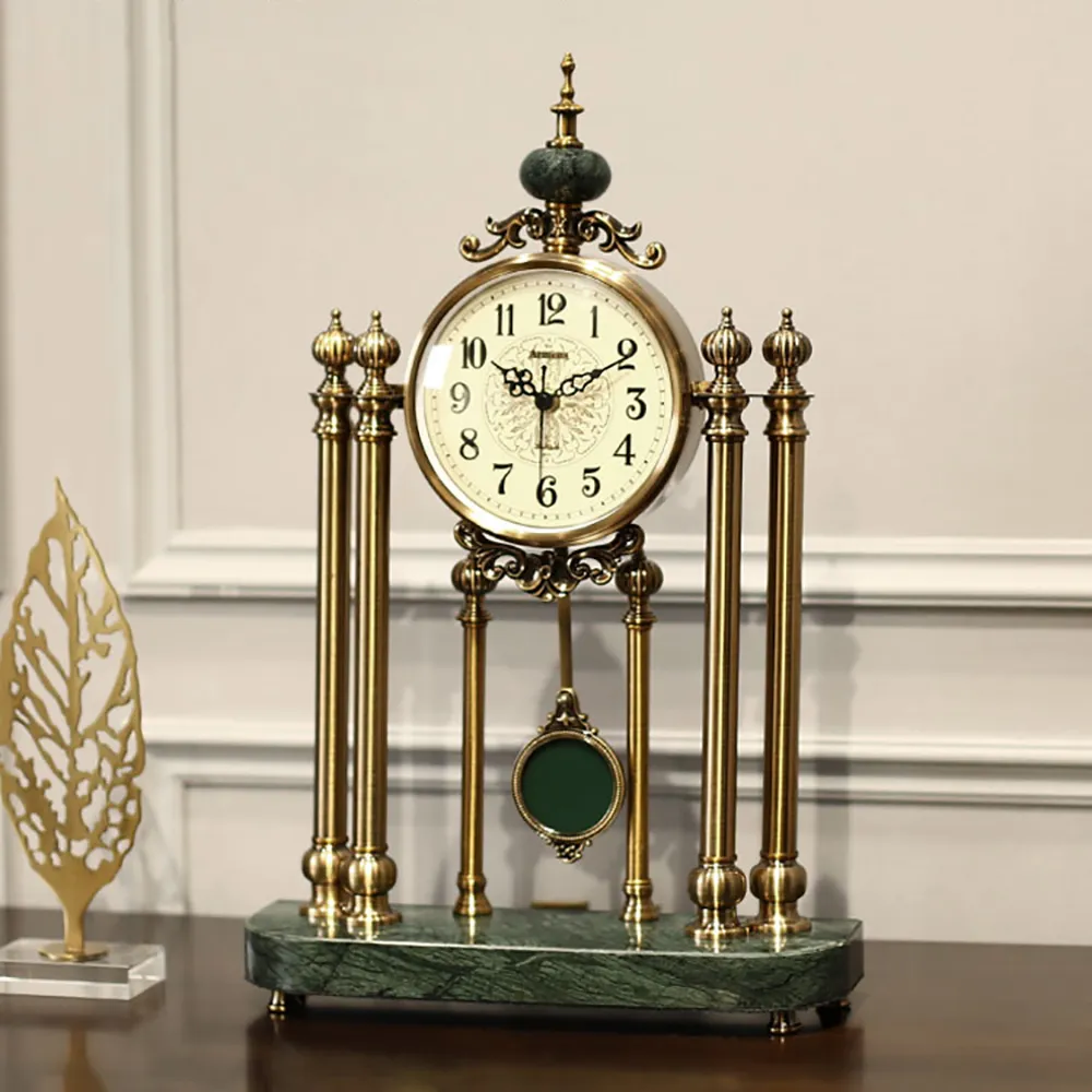 Round Mantel Clock with Pendulum - Bronze, Green Marble image
