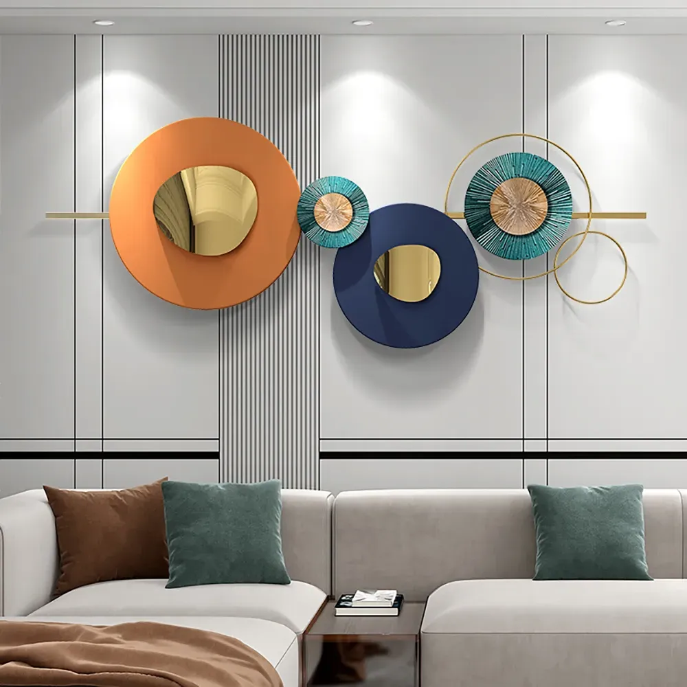 Round Metal Wall Art 59" x 23" Geometric Decor - Orange, Gold image