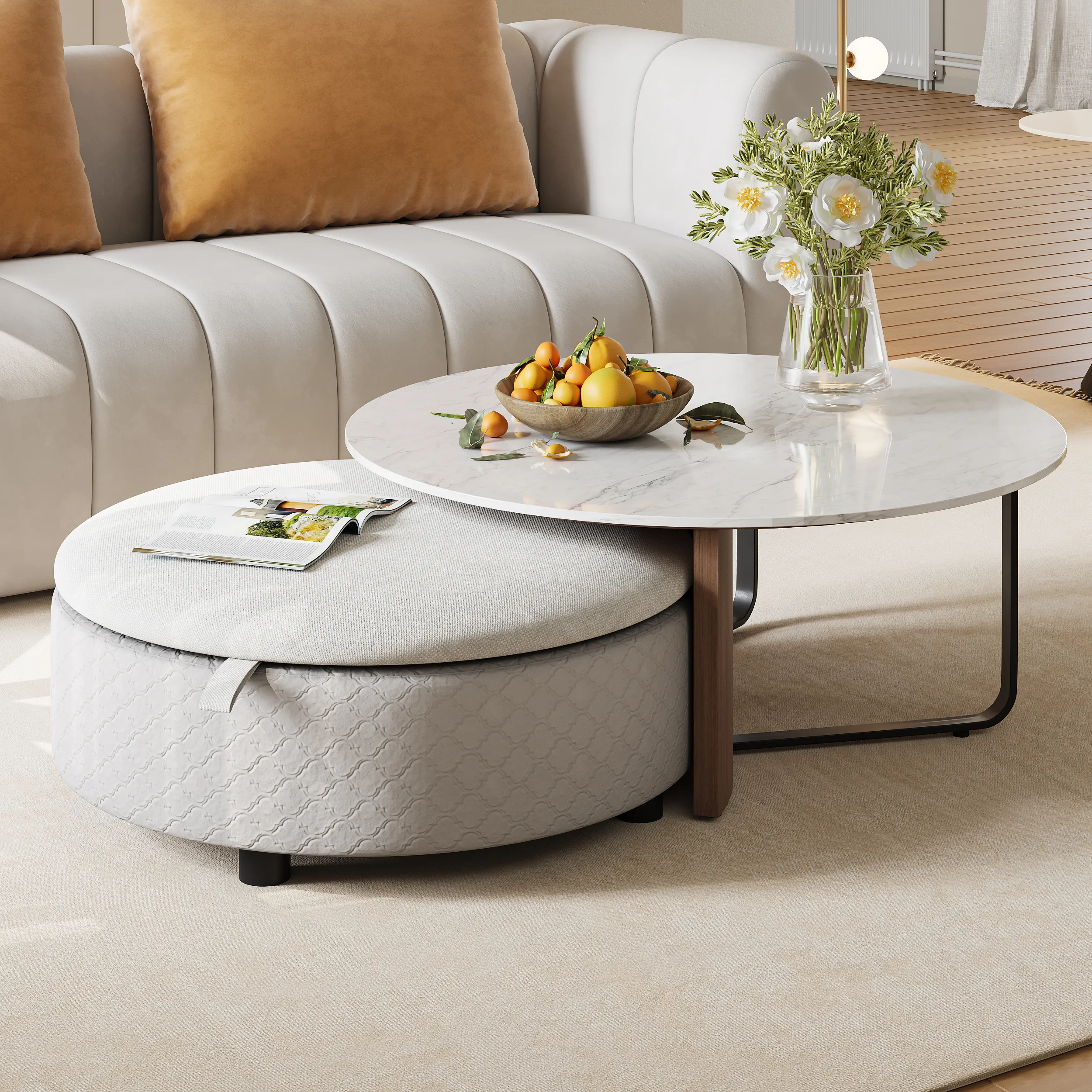 Round Nesting Coffee Table Set with Storage - Marble, Linen